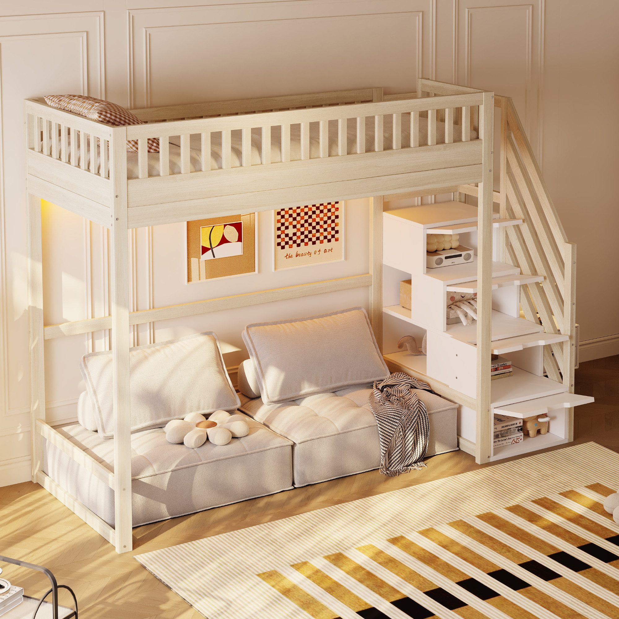 MODFU Hochbett mit Sicherheitsleiter, LED-Lichtleiste (Einzelbett Jugendbett mit Sicherheitsgeländer, Stauraumbett 90x200 cm) ohne Matratze