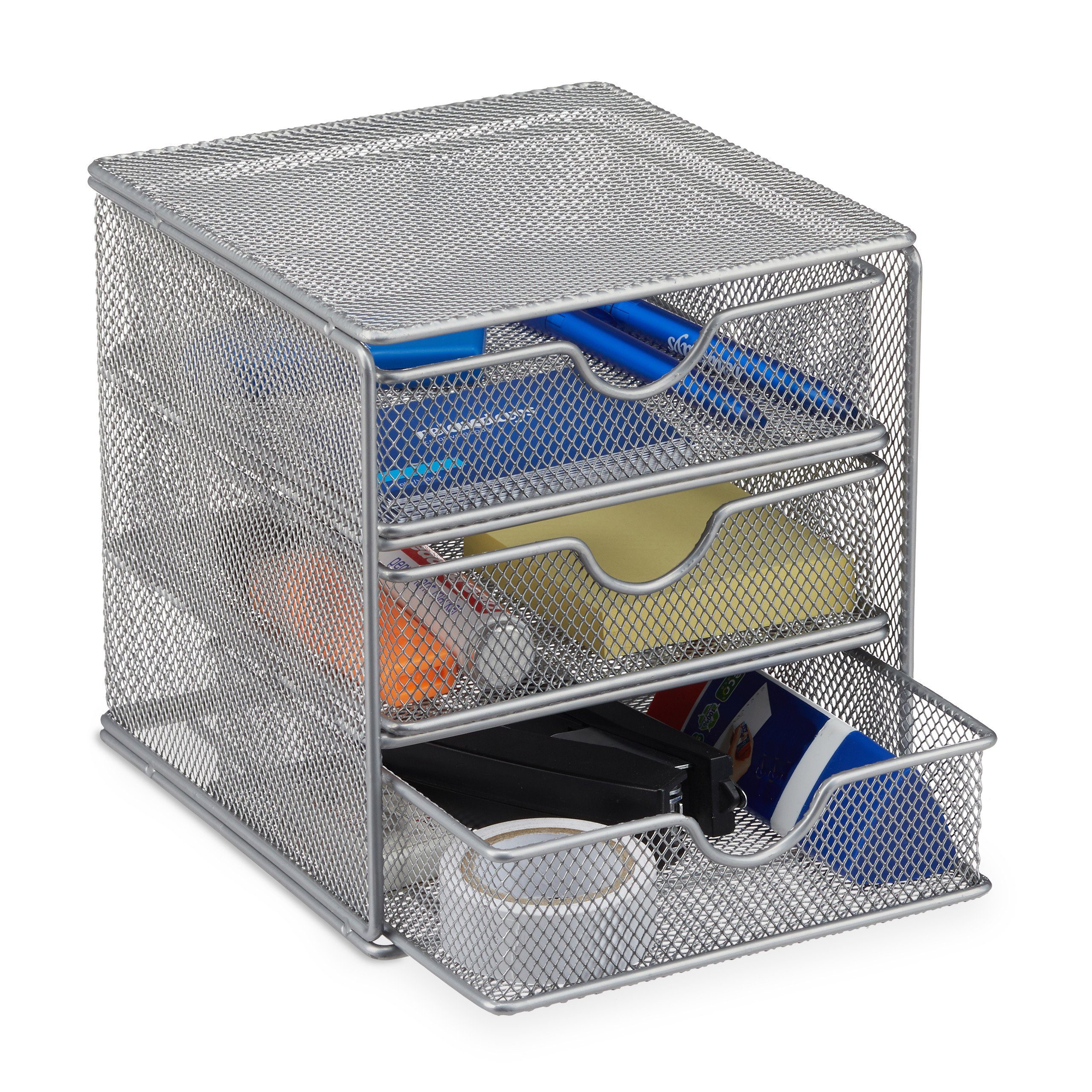 relaxdays Schreibtischaufsatz Schreibtischorganizer Metall 3 Fächer, silber