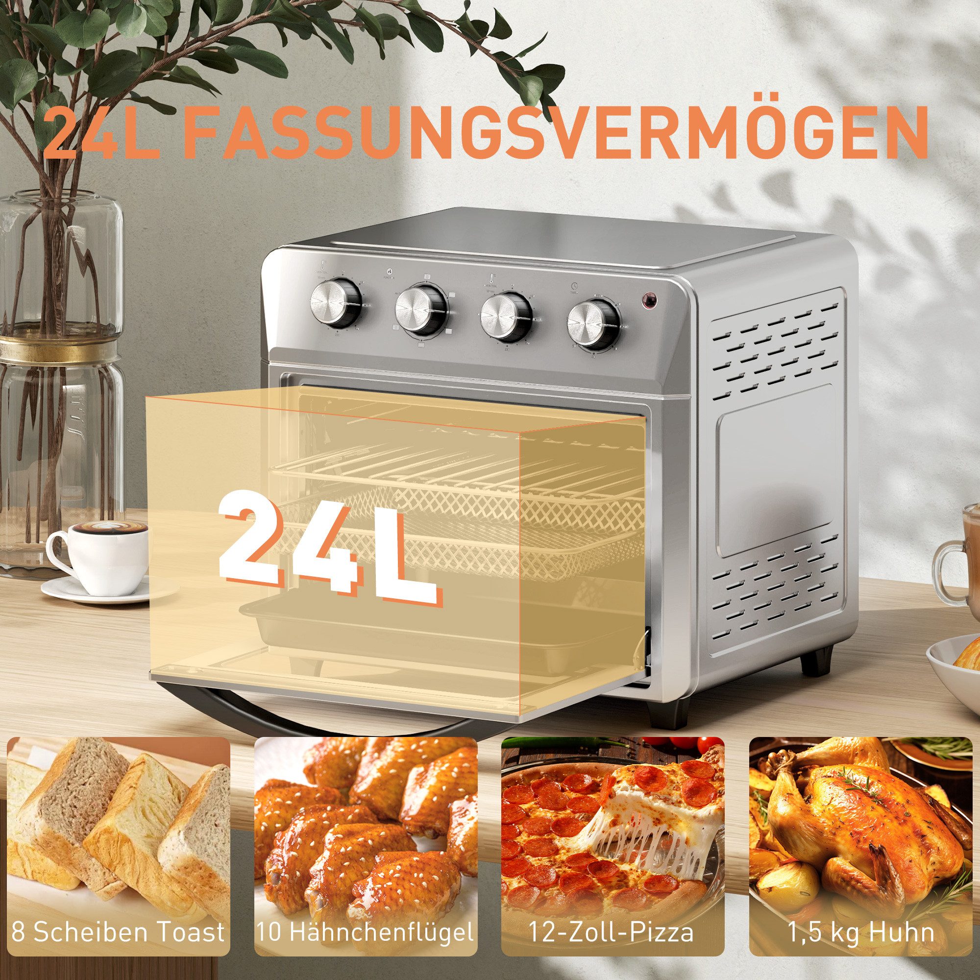 HOMCOM Minibackofen Backofen 10 L 750W 100-230℃ mit Backblech Pizza-Ofen, zum Grillen, Backen, Toasten, Silber – Bild 4 von 5