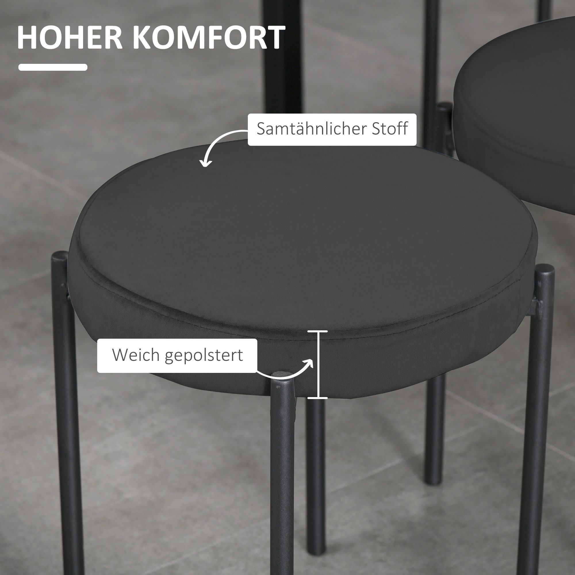 HOMCOM Esszimmerstuhl Stapelhocker Polsterhocker aus Metall Wohnzimmer (Rundhocker, 4 St), für Küche Esszimmer Samt Schwarz 41,5 x 41,5 x 46 cm – Bild 5 von 5