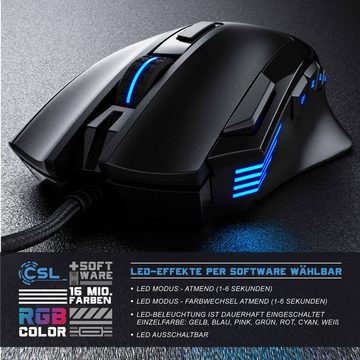 CSL Gaming-Maus (kabelgebunden, 125 dpi, optische Gaming Maus, Farbwechsel, 9 Tasten, 600 bis 4800dpi)