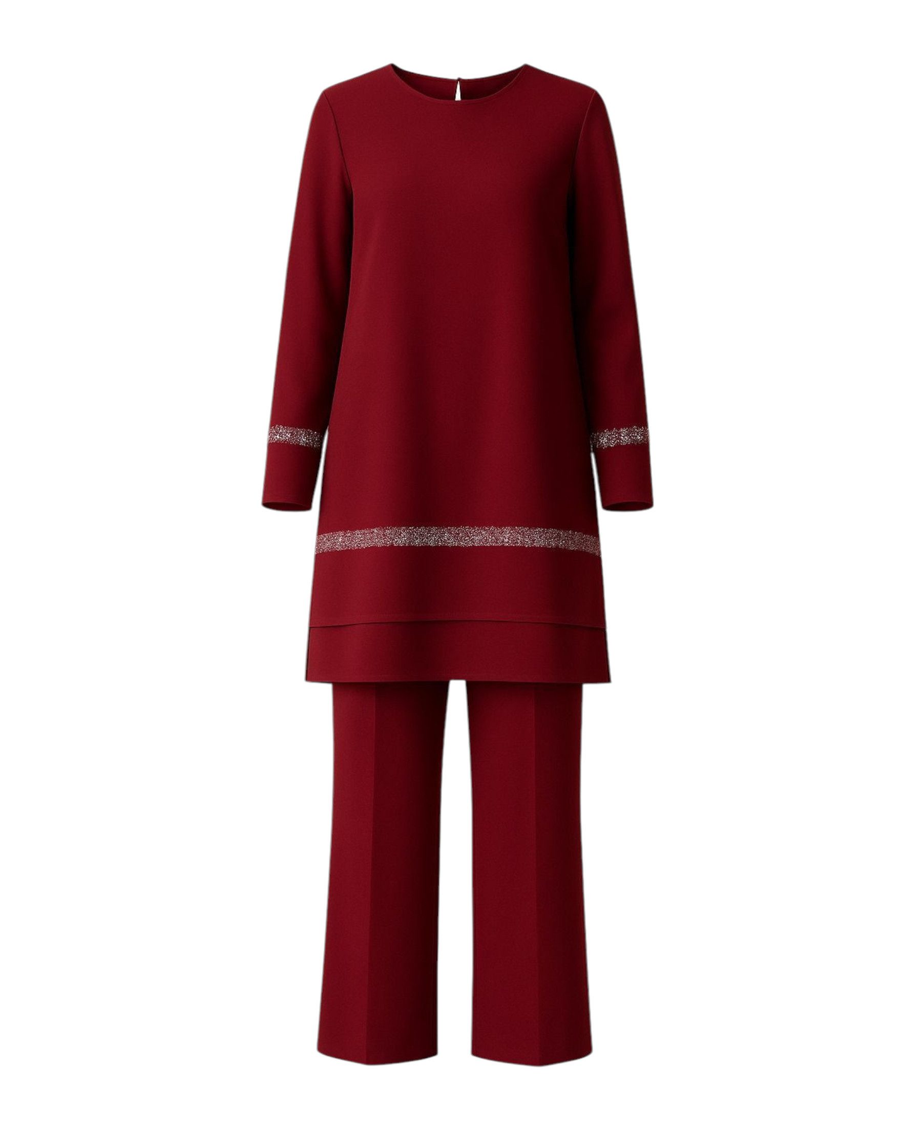 fashionshowcase Hosenanzug Zweiteiler mit langer Tunika mit Glitzerborten - Modest Fashion (2-tlg) Doppelsaum, funkelnde Akzente, 4-Jahreszeiten-tauglich