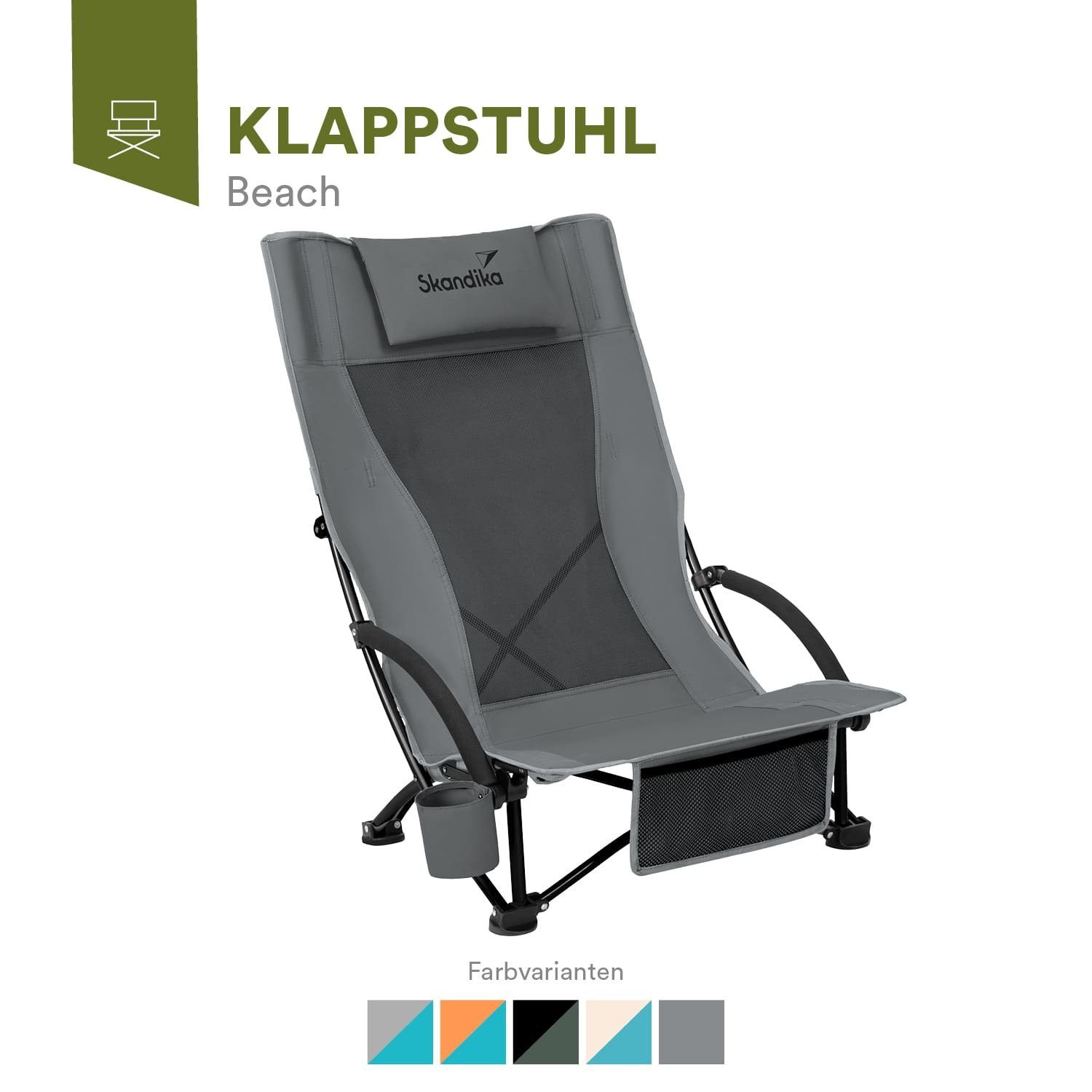 SKANDIKA Campingstuhl Getränkehalter, Mesh, mit niedrig (grau), Beach Skandika atmungsaktivem Strandstuhl