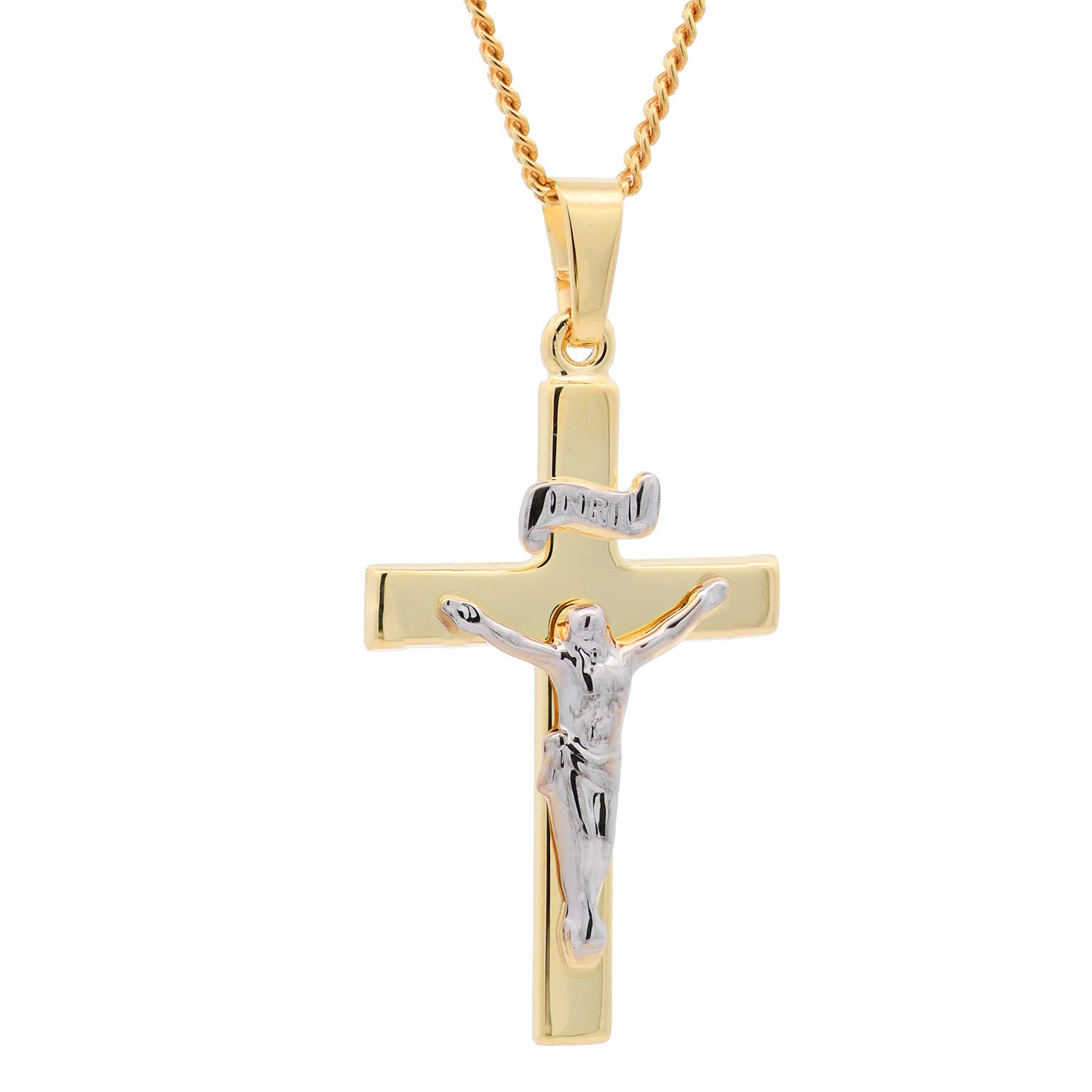 Kreuzanhänger Anhänger Kreuz Korpus 585 Gold mit vergoldeter Silberkette 36 cm