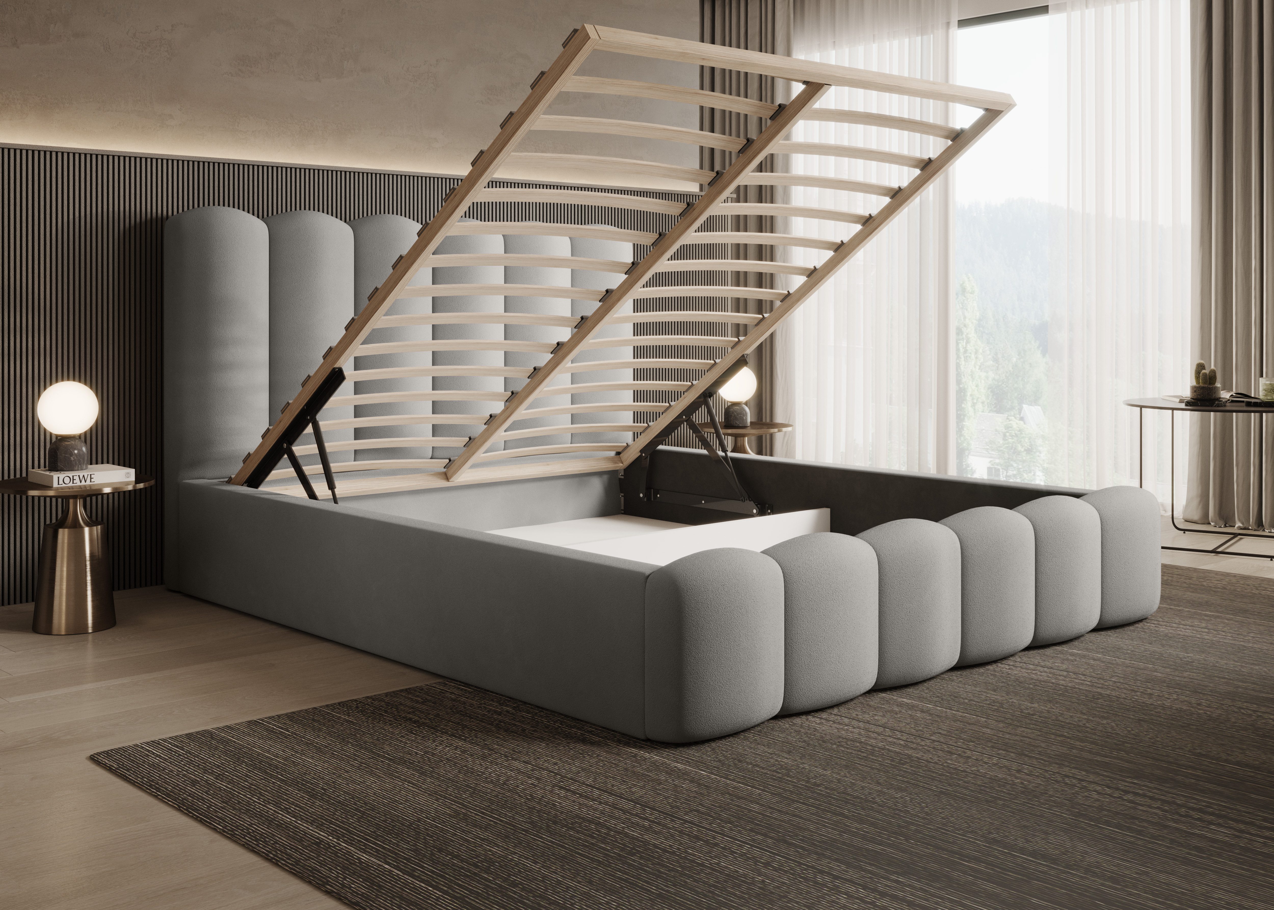 Goldstoff Polsterbett mit Bettkasten - LOFT inkl. Lattenrost und hohem Kopfteil (140x200 160x200 180x200 200x200cm - mit gepolstertem Kopfteil, Doppelbett - Designerbett - Wolkenbett), Erhältlich in 4 Größen