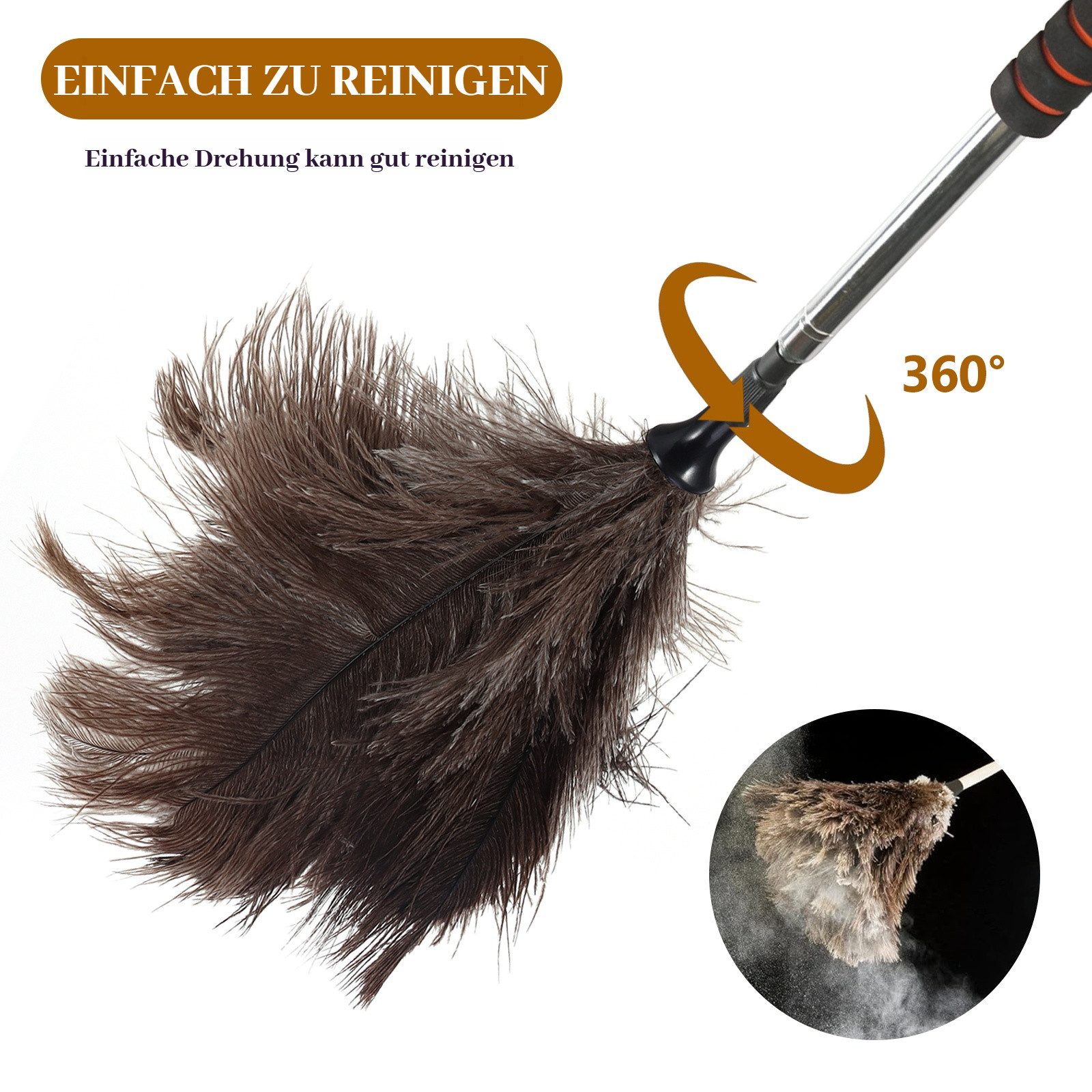 BlingBin Staubwedel Teleskop Staubwedel Straußenfedern – Staubwedel Lang Ausziehbar (1er Set, 1-St., 55 cm bis 155 cm), Längenverstellbar & Waschbar für Deckenventilator, Hochflächen