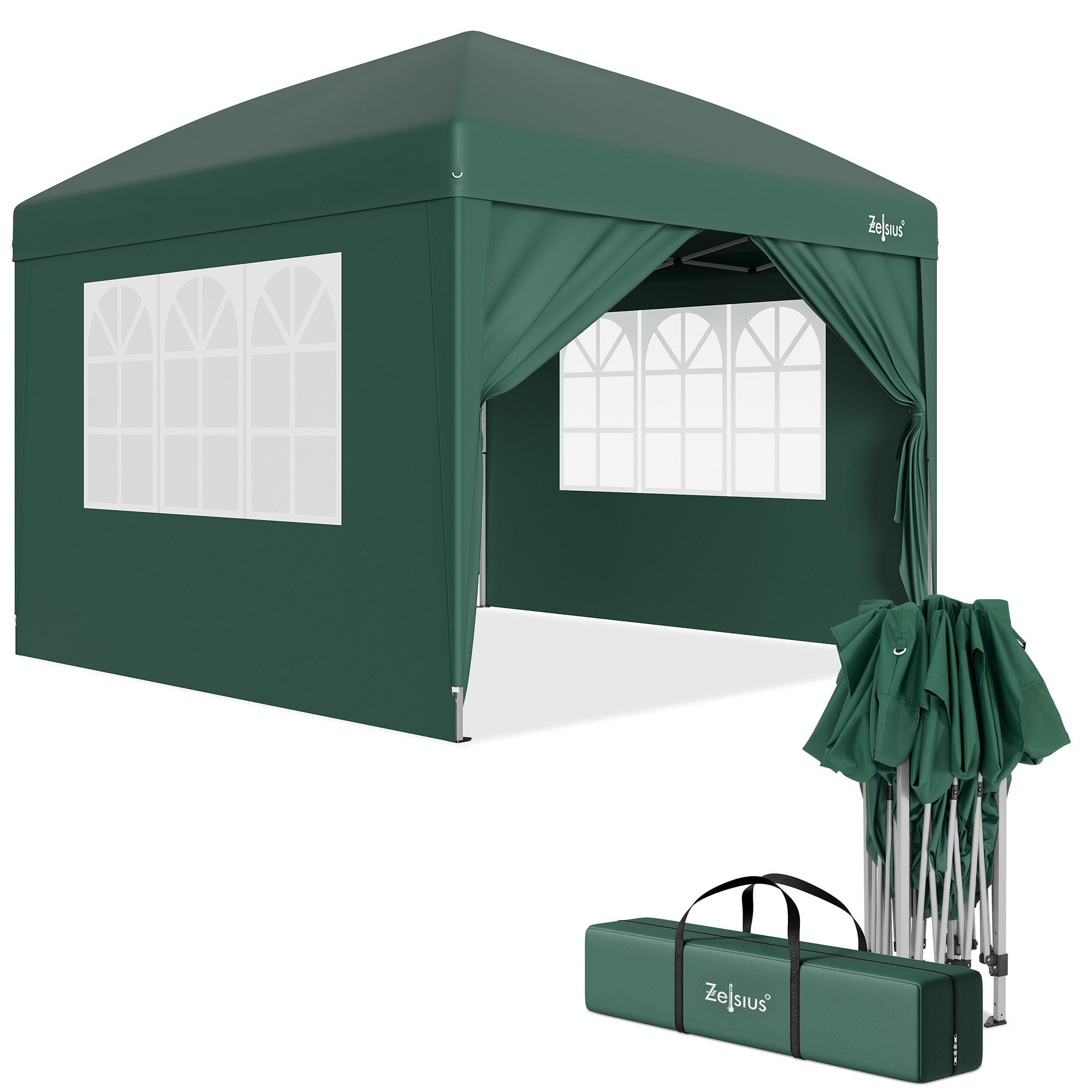 Zelsius Faltpavillon Faltbarer Pavillon 3x3 m mit Seitenwänden, Grün, Faltpavillon, Löcher in den Füßen zur sicheren Befestigung mit Heringen