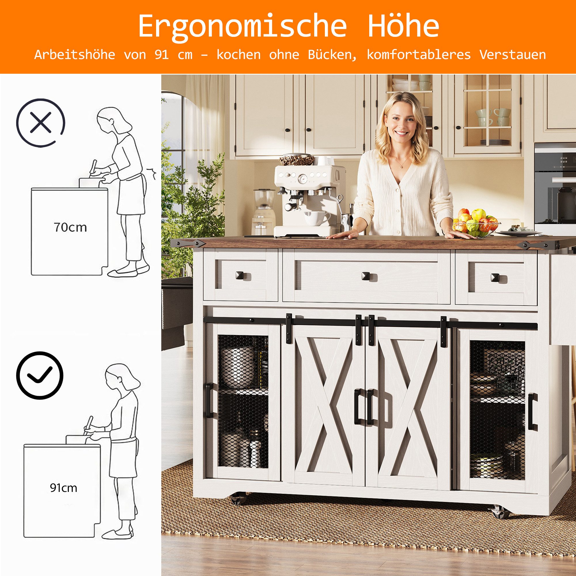 i@home Kücheninsel freistehender Küchenwagen, (USB & Steckdosen), auf Rollen mit ausziehbarer Arbeitsplatte & Stromanschluss