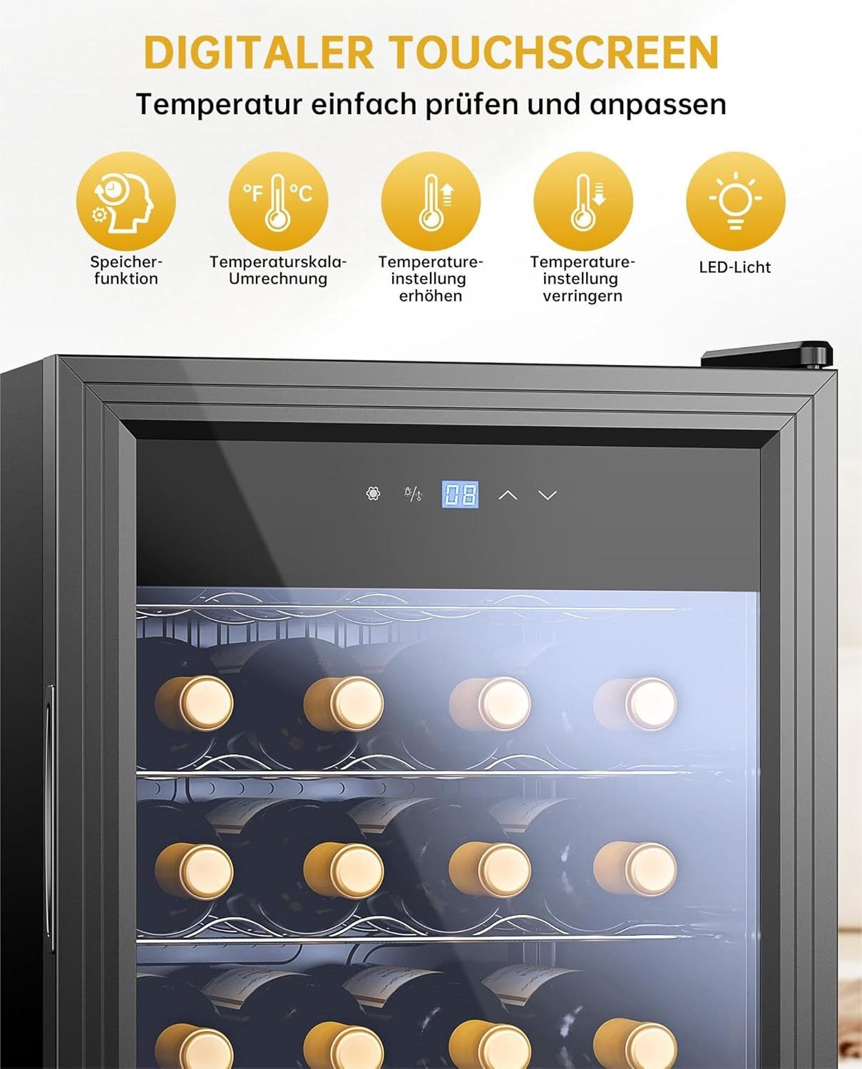 WIE Weinkühlschrank,für 28 Weinflaschen und insgesamt 77 Liter mit Anti-UV Glas 5-18°C