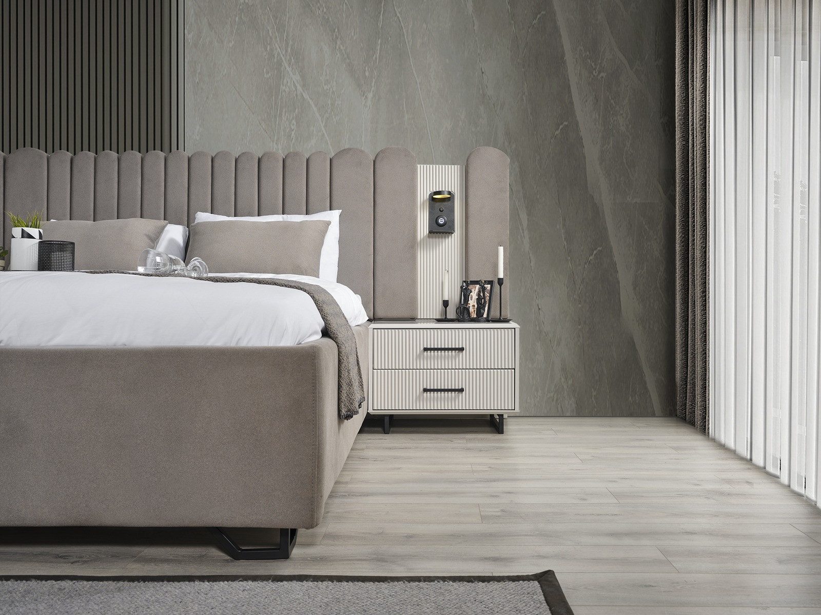 Villa Furniture Black Line Box Spring Bed, Upholstered Headboard, Calm Look, Sturdy Metal Feet