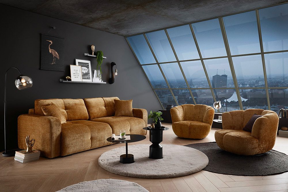 riess-ambiente Schlafsofa DIAMOND 235cm senfgelb - Chenille, mit Bettkasten, Rundum-Bezug, Einzelartikel 1 Teile, gepolsterte 3-Sitzer Couch mit Schlaffunktion - ideal für Wohnzimmer