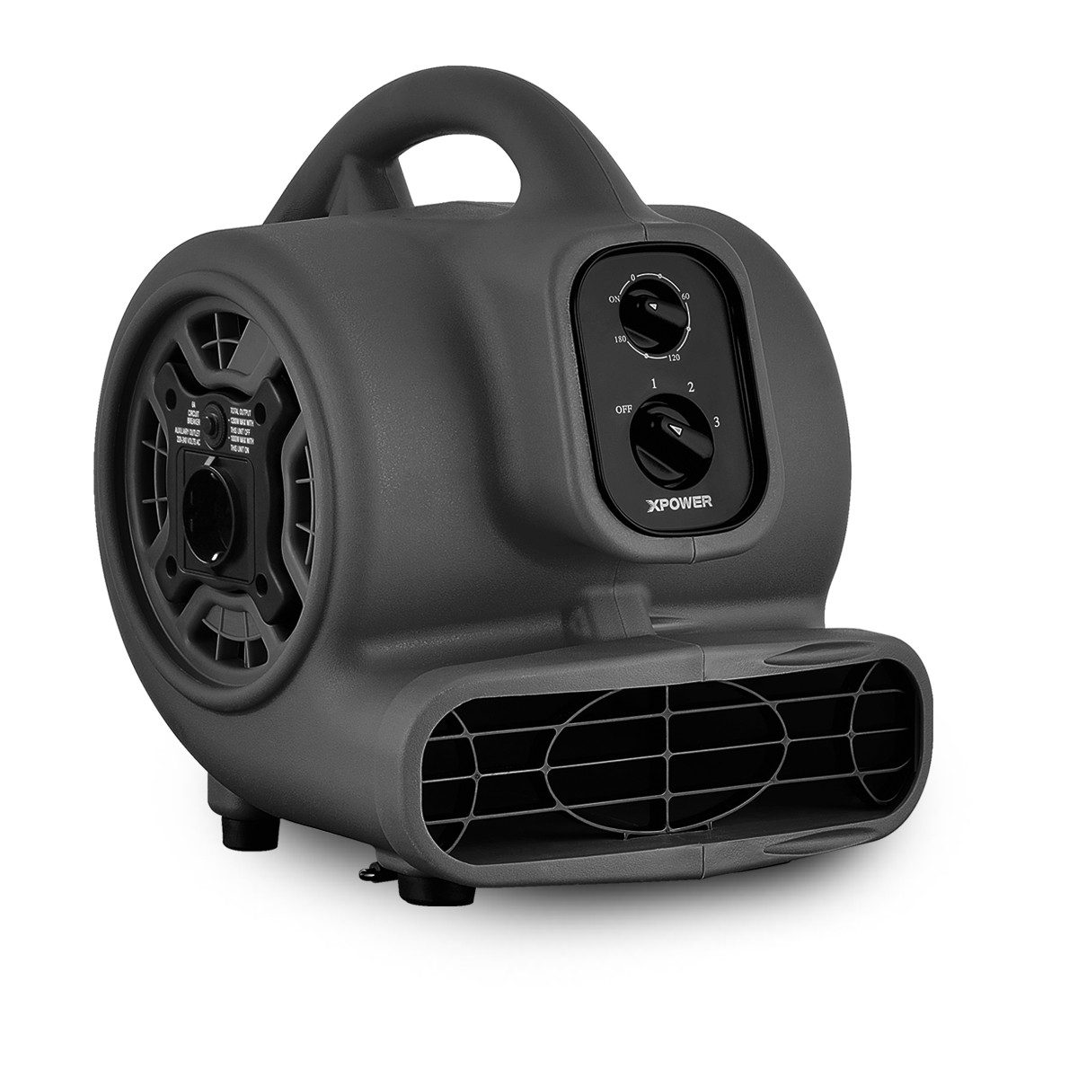 XPOWER Standventilator P-230AT Steckdose Bodentrockner Fußbläser Bodenventilator 27x32x34cm, 3-Gang, 3H-Timer, Eingebaute Stromsteckdosen für die Reihenkette