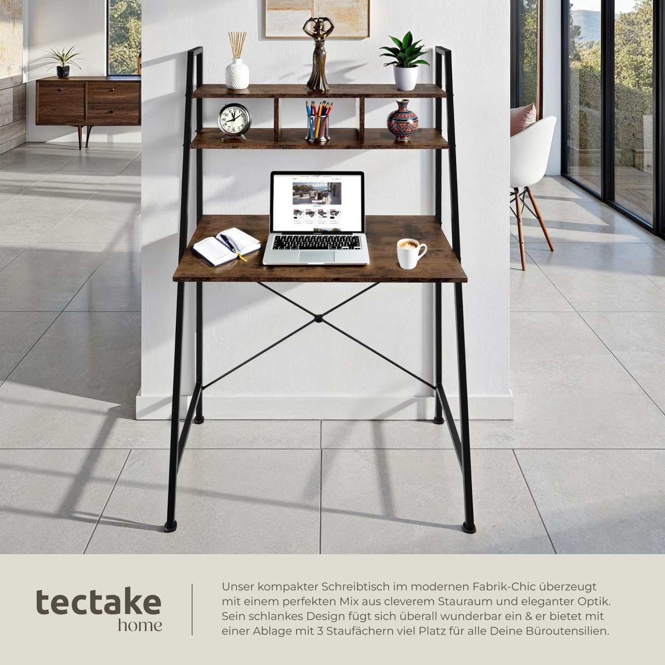 tectake Schreibtisch Computertisch Exeter 85,5x46,5x140cm (1-St., 1 tlg), Rustikaler Schreibtisch im schnörkellosen Industrial Style