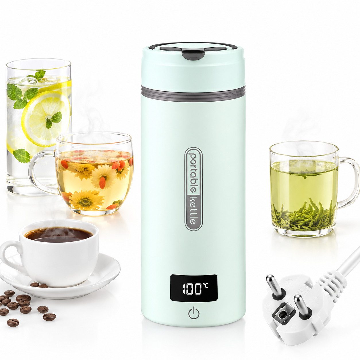 ibettertec Wasserkocher Tragbarer Wasserkocher 400ml mit Temperaturanzeige, Mini Heizbecher, 300 W, Reisewasserkocher Edelstahl 304, 4 …