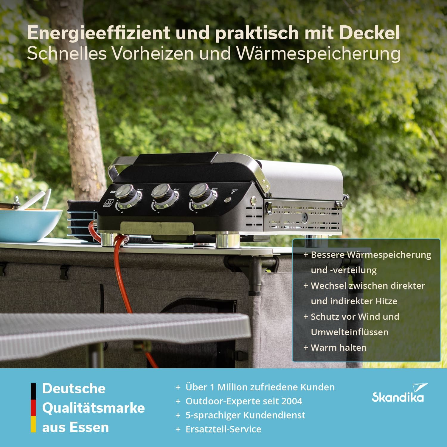 Skandika Camping-Gasgrill 3-Brenner Gasplancha Palo, Balkongrill, Tischgrill, Grillplancha, Zündung: elektrische Pulszündung, Höhenverstellbare Füße, transportabler Gasgrill mit Kochplatte, Abtropfschale