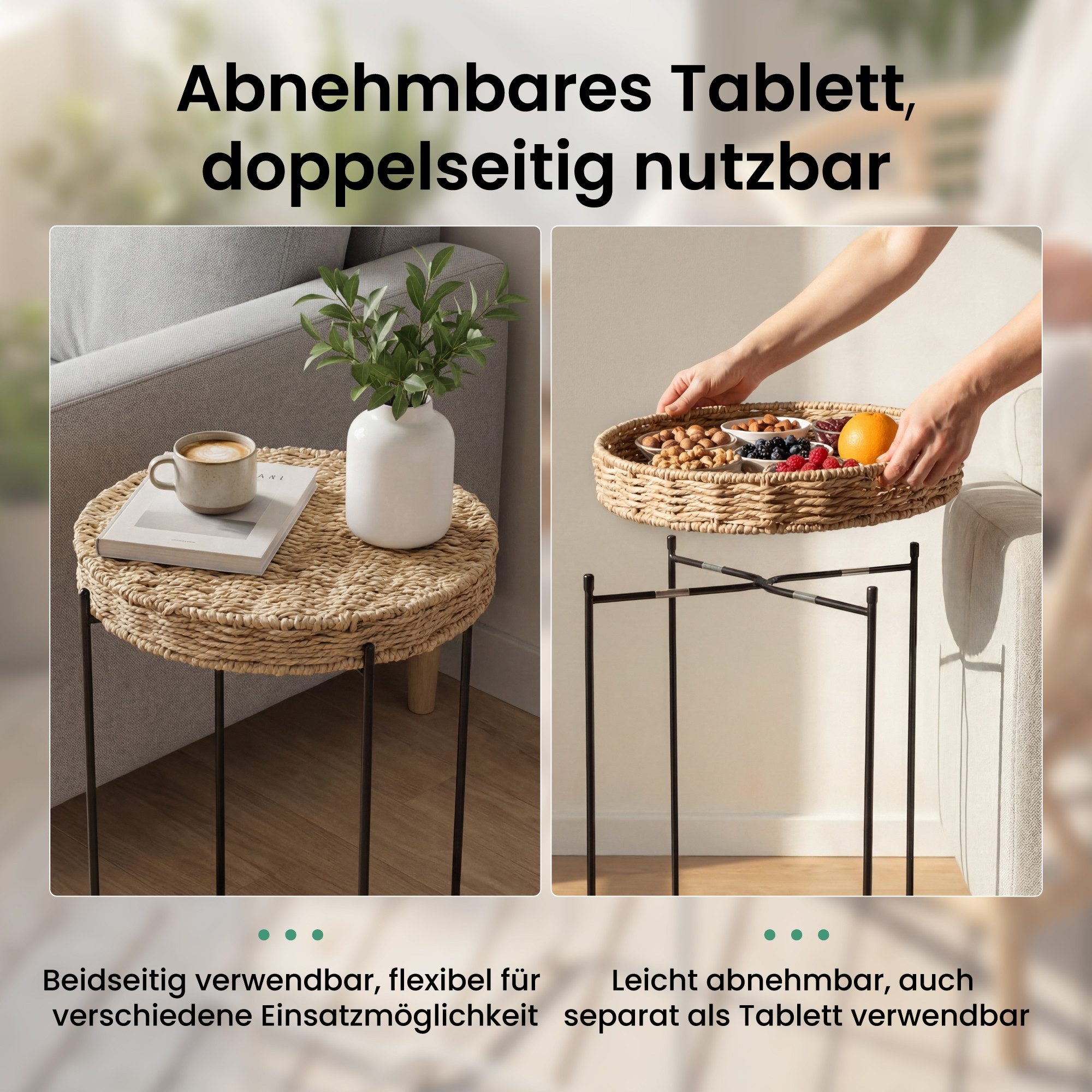 Mai & Mai Beistelltisch Sofatisch mit abnehmbarem Serviertablett vormontiert Reglo-08 (1-St), X-förmige Konstruktion,Tablett aus Papierkordel oder Kunststoff