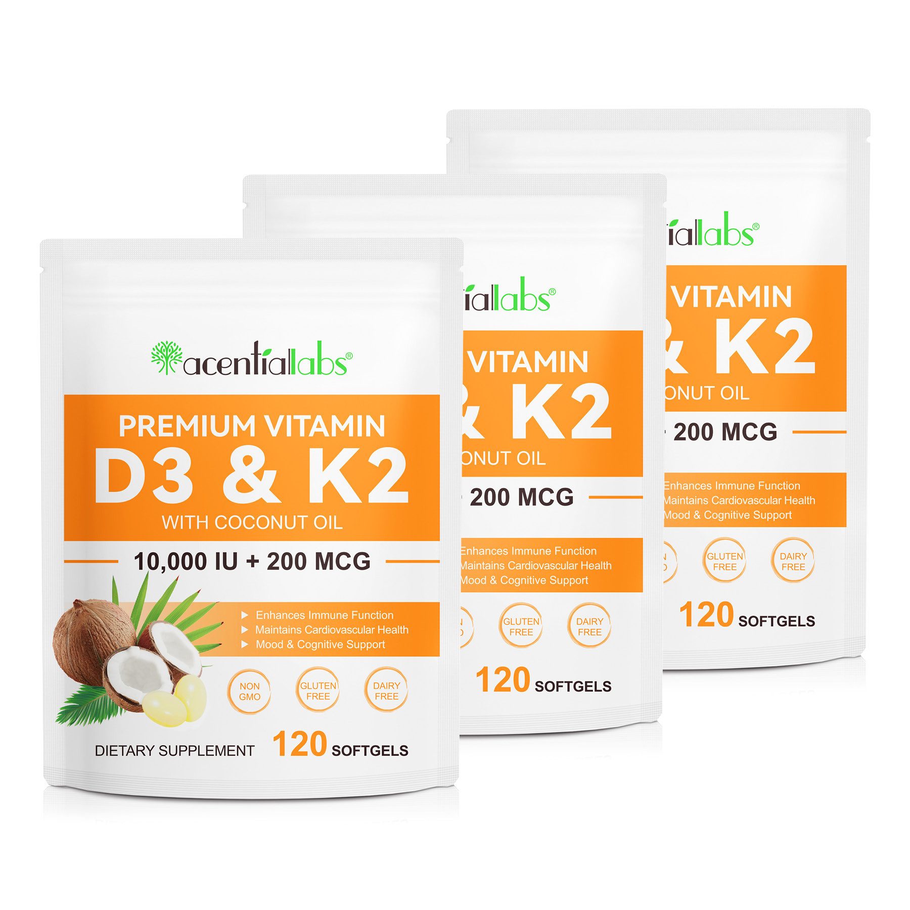 Acentiallabs Vitamin D3 + K2 mit 10,000 IE + 200 mcg K2 (MK7) Premium Softgels Softgels, Nahrungsergänzungsmittel, Superfood, Acentiallabs
