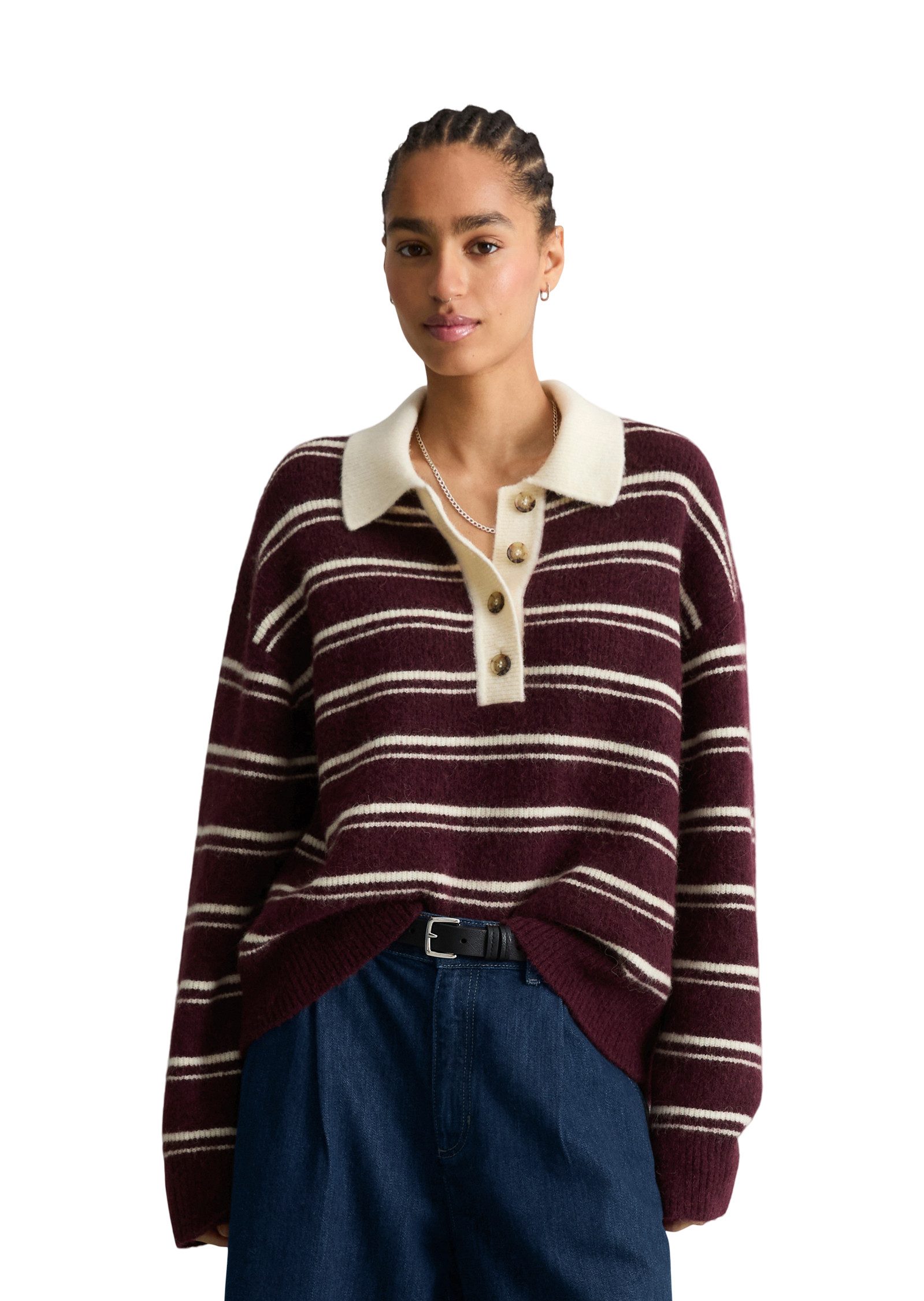 Marc O'Polo DENIM Polokragenpullover Gestreiftes Strickpolo oversize aus kuscheligem Alpakawolle-Mix