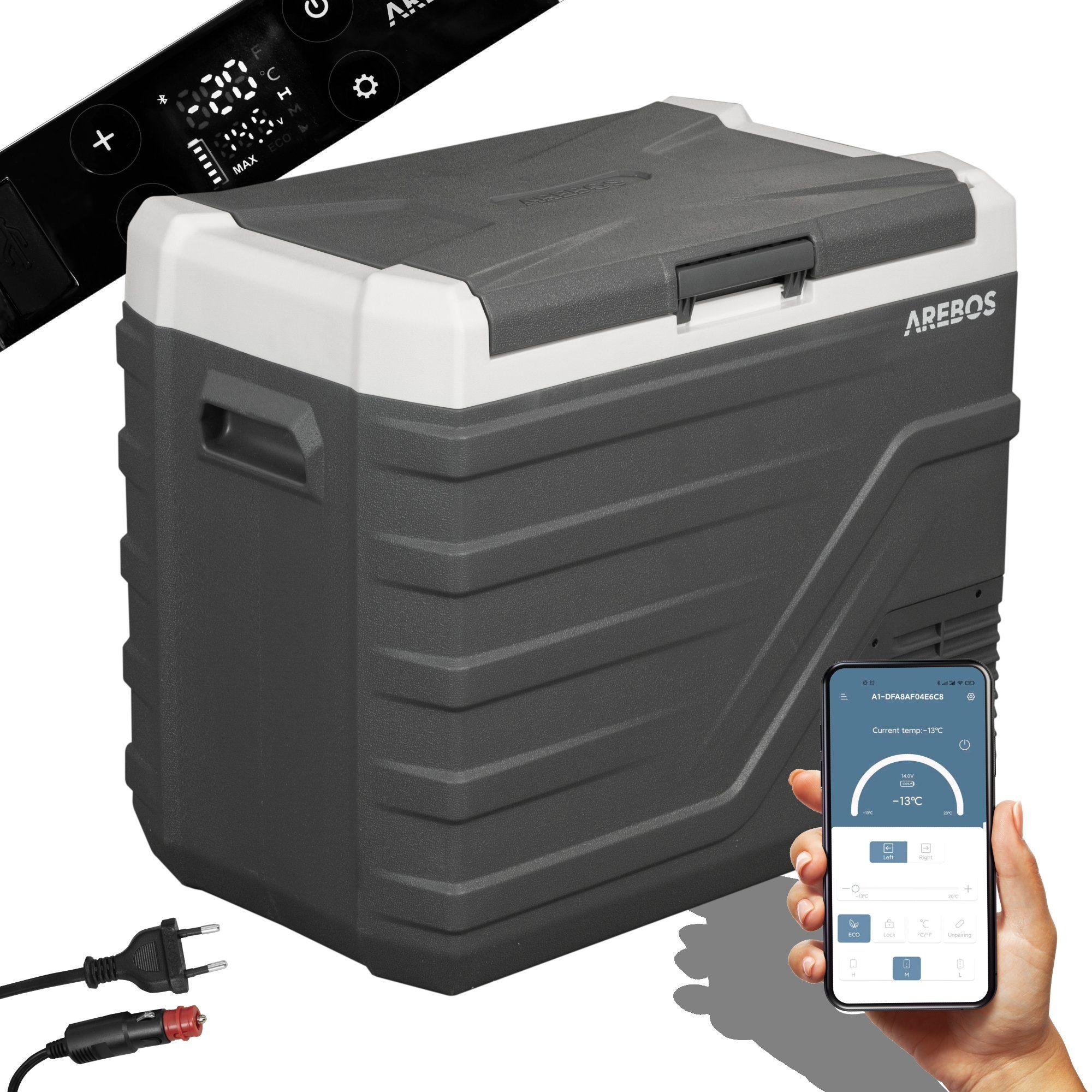 Arebos Kühlbox Gefrierbox 26-43L, Mobiler Kompressor-Kühler mit App-Steuerung, Ablassschraube zum Wasserentfernen