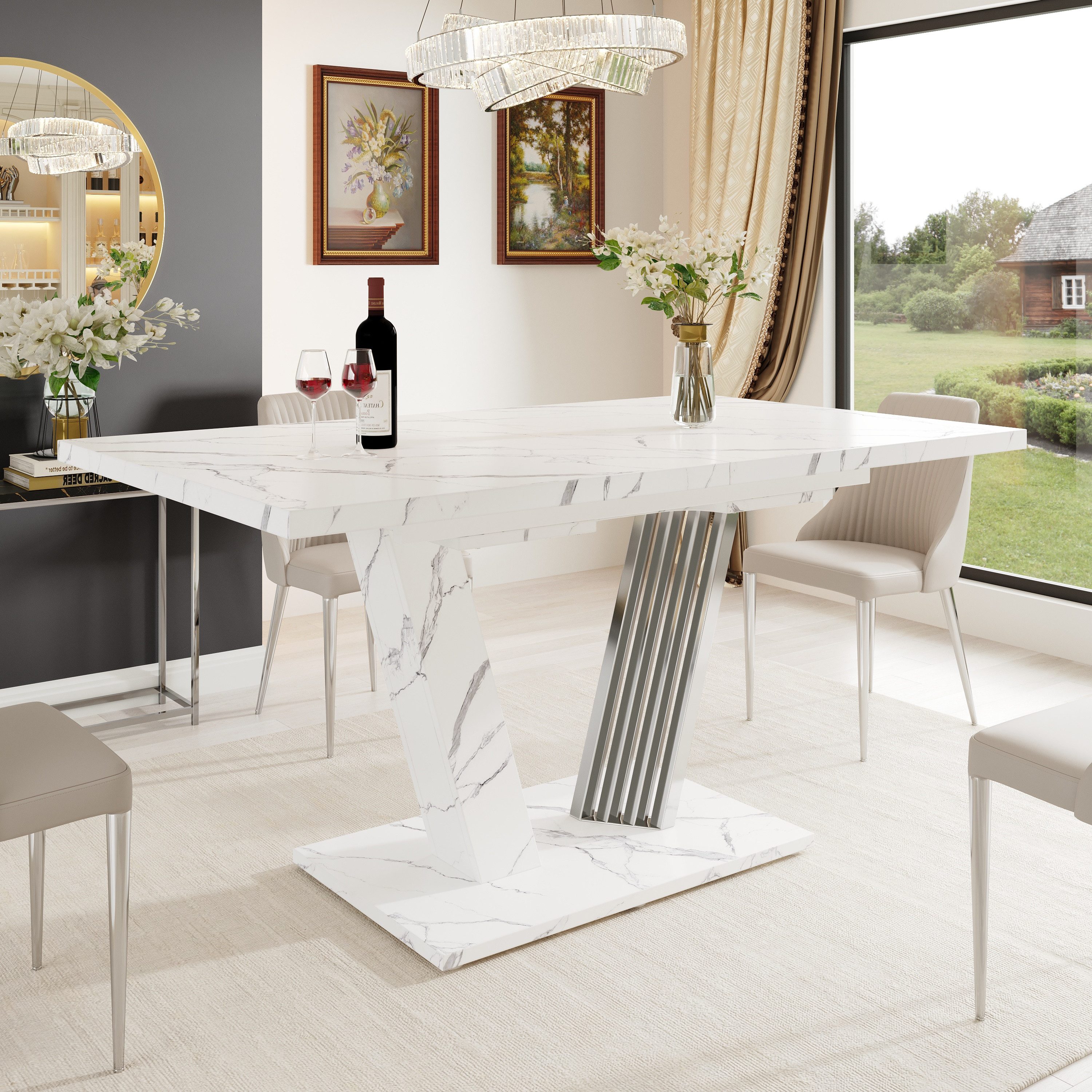 Flieks Esstisch ausziehbarer Küchentisch (Länge120-160x80x76 cm, 1-St., 1 Tisch mit Füßstützen), erweiterbarer Tisch rechteckig Schreibtisch Arbeitstisch Marmoroptik