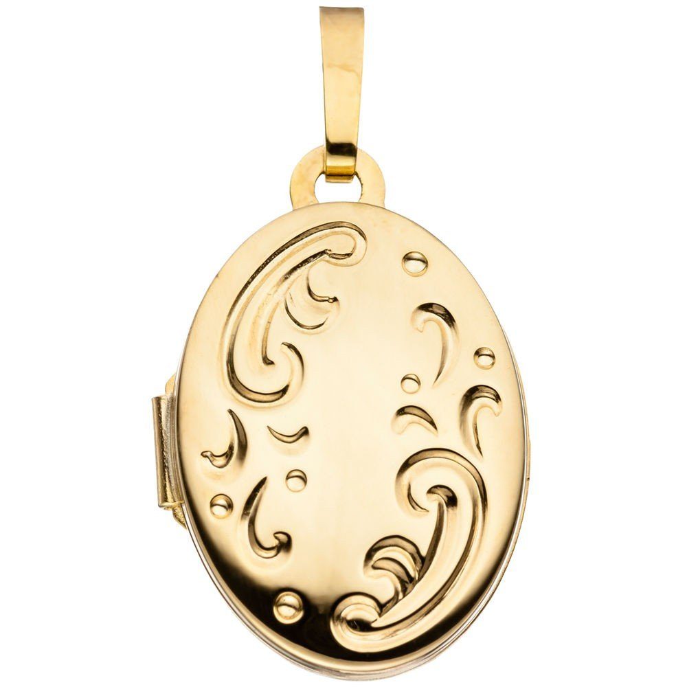 Schmuck Krone Kettenanhänger Medaillon Anhänger Amulett 333 Gold Gelbgold oval teilmattiert Unisex, Gold 333