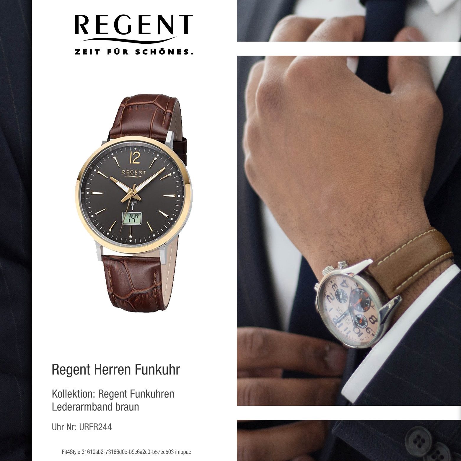 Regent Funkuhr Regent Herren Uhr FR-244 Leder Funkwerk, (Funkuhr), Herren Funkuhr rund, groß (ca. 40mm), Lederarmband