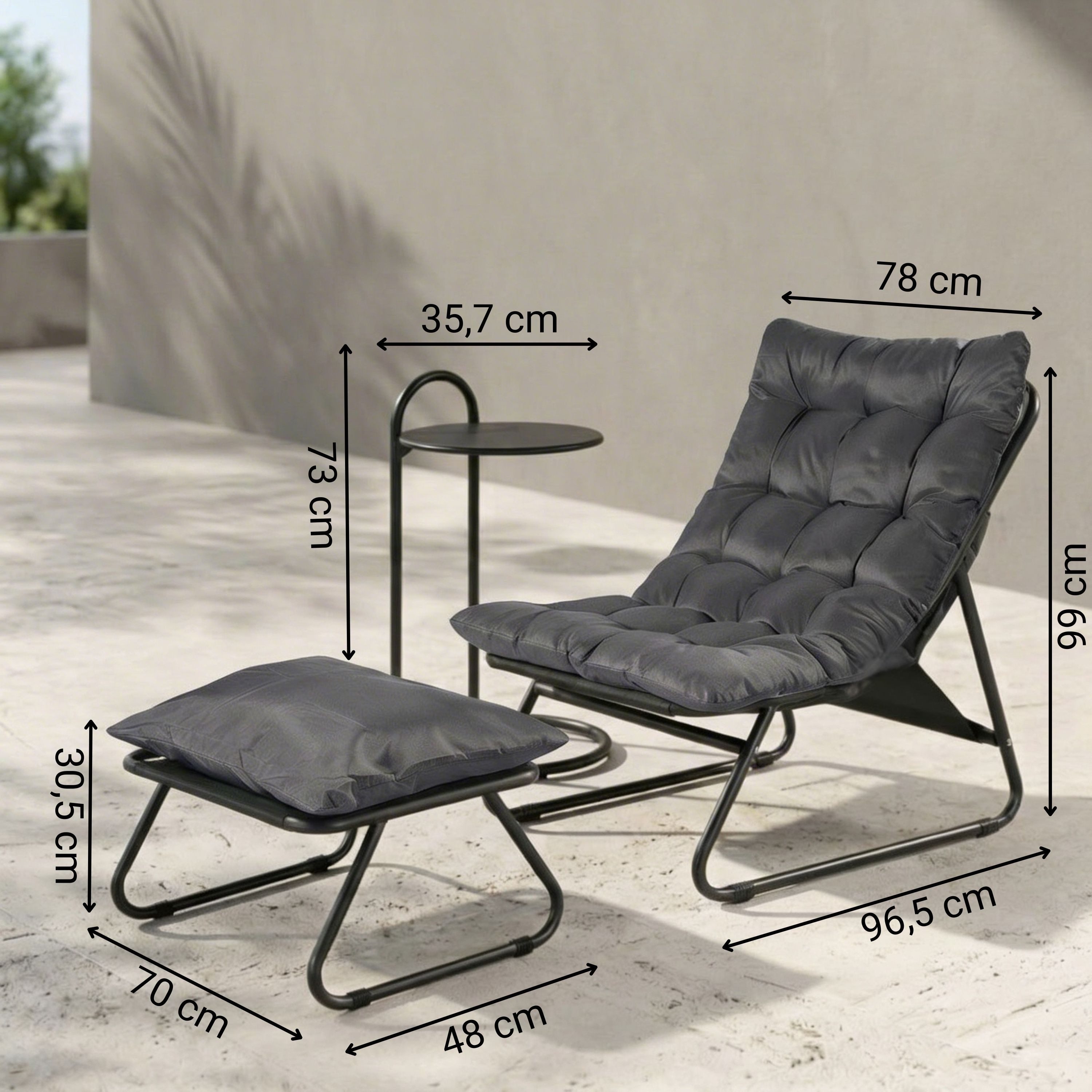 NovaTerra Gartenlounge-Set Entspannungssessel mit Fußstütze + Tisch 3-teiliges Set aus Metall – Bild 3 von 5
