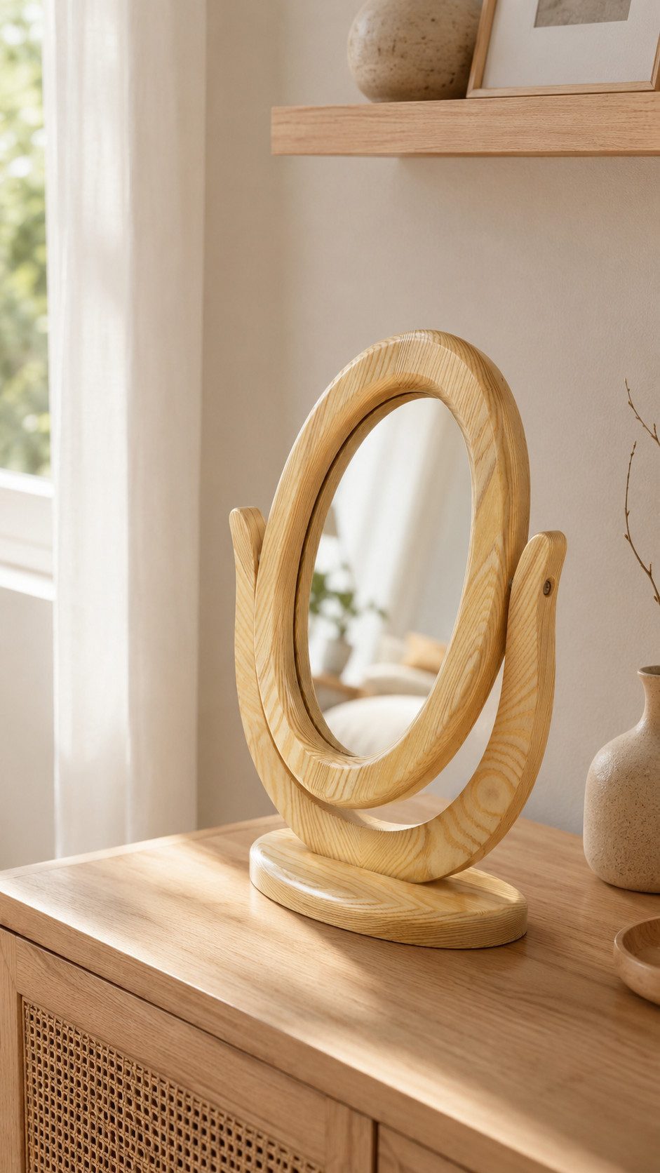 Xlmoebel Schminkspiegel NordicGlow Holz-Tischspiegel Oval Kiefer Natur Design Sofort, Beweglich