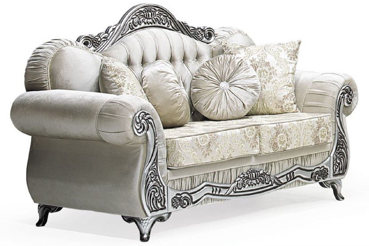 Sofa Möbel Wohnzimmer Barockstil und Glitzersteinen Möbel Luxus Padrino im Casa / Grau Barock Padrino - mit Sofa Luxus Barock Silber 2er Casa / - Muster - Schwarz Sofa Wohnzimmer elegantem Prunkvolles Creme /