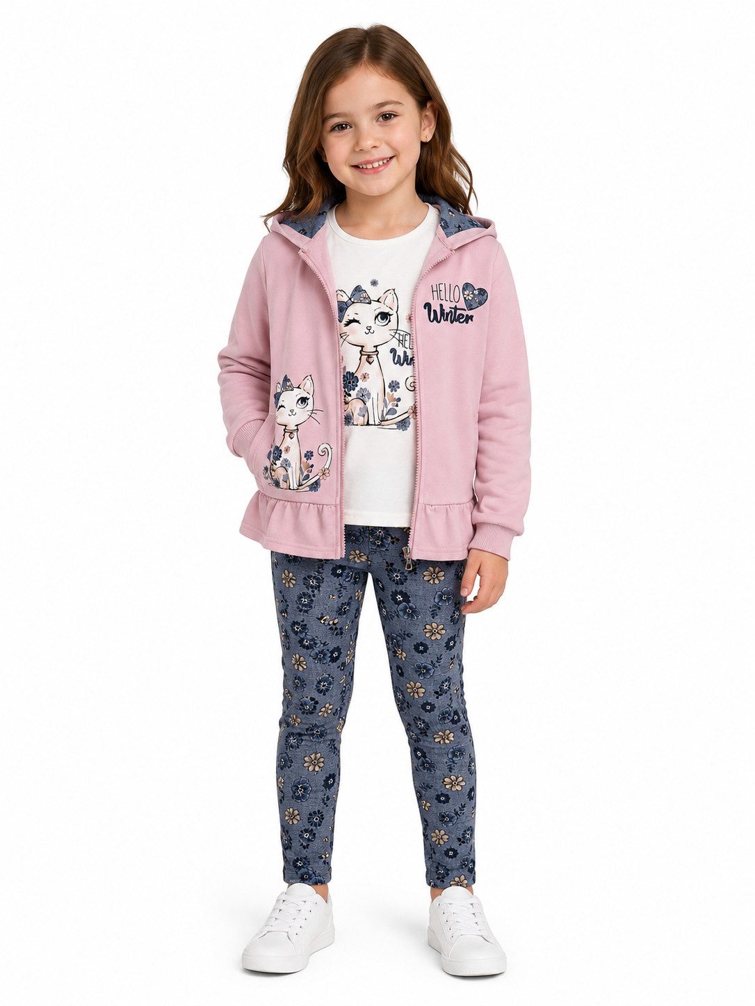 Girls Fashion Freizeitanzug Mädchen 3-teiler Outfit mit Hoodie, Langarmshirt & Leggings MF2400e (Set, 3 Teilig)