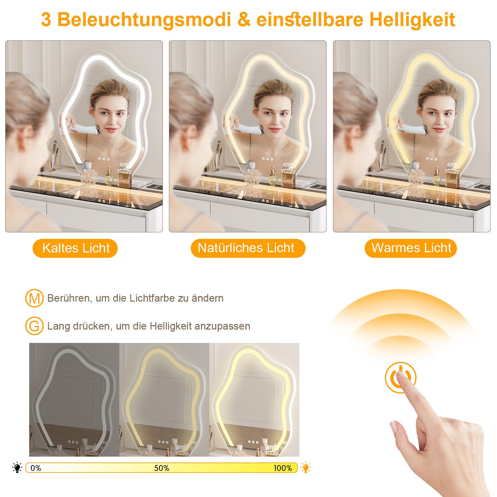 BROTTAR Schminktisch mit Spiegel, 5 Schubladen und LED-Beleuchtung, mit Glasplatte und L-förmigem Design, weiß