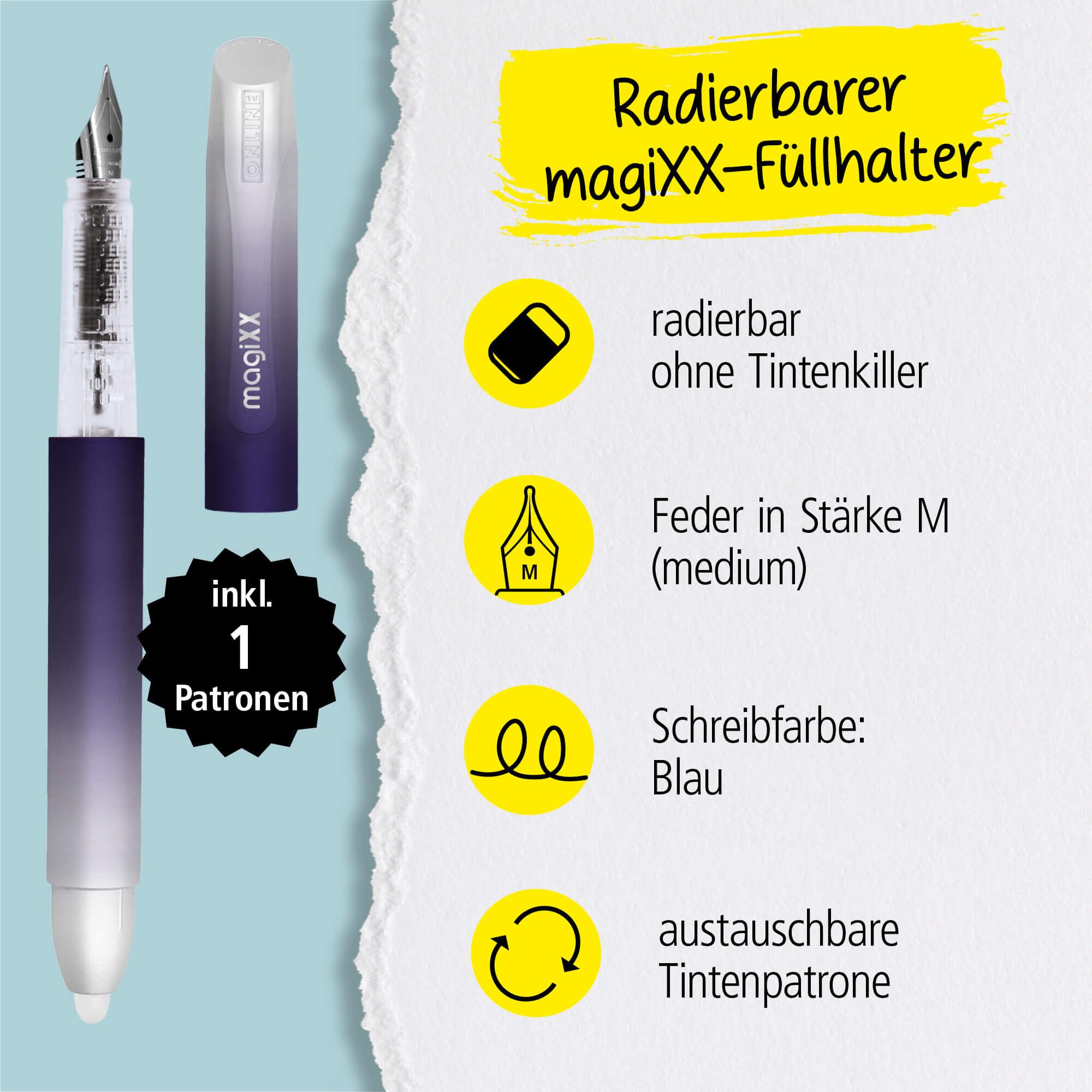 Online Pen Füller magiXX Radierbarer Füller, (1-tlg), mit radierbarer, blauer Tinte, inkl. 1 magiXX Patrone