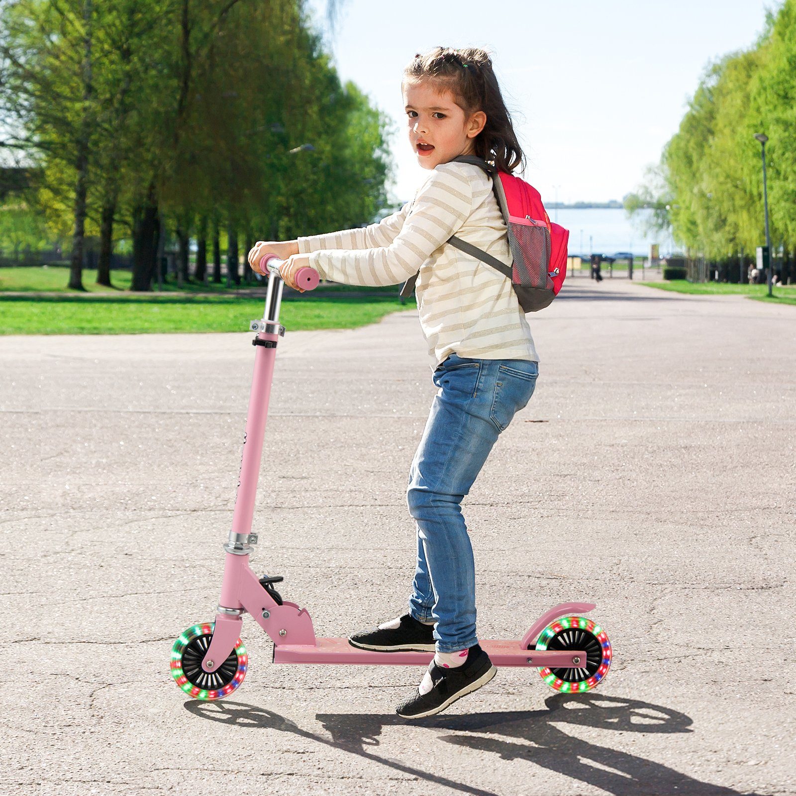 COSTWAY Cityroller rosa mit Rädern Kickscooter, blinkenden
