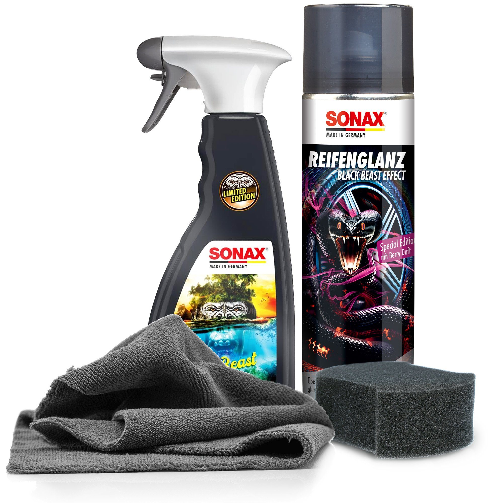 Sonax Sonax Reifen Glanz Set Special Edition mit Felgenreiniger und Tuch Reifenpflege, Special Edition - Mikrofasertuch - Applikatorschwamm