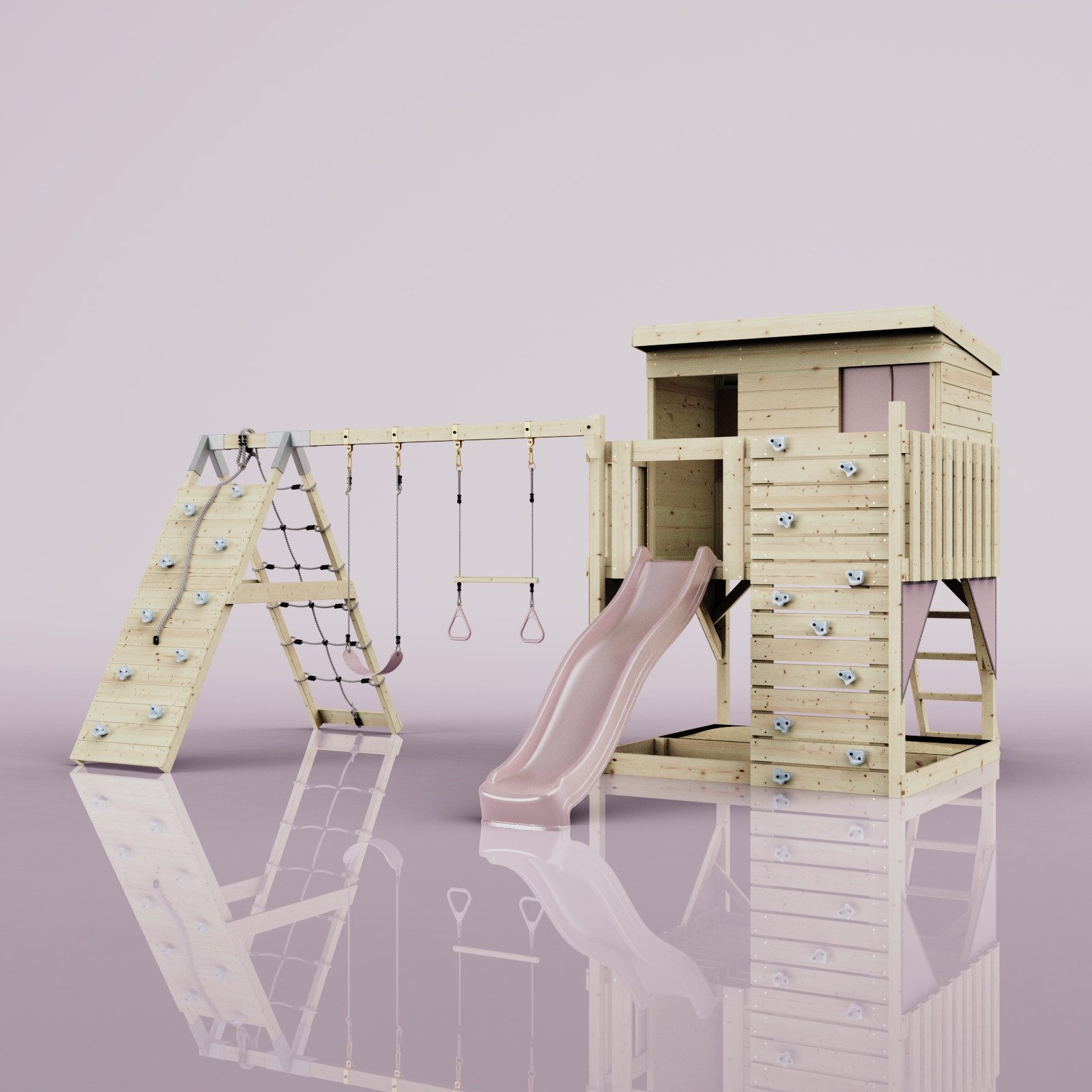 OutdoorToys Spielturm Aksel, aus Holz in Altrosa mit Trapezstange & Rutsche, Kletterwand