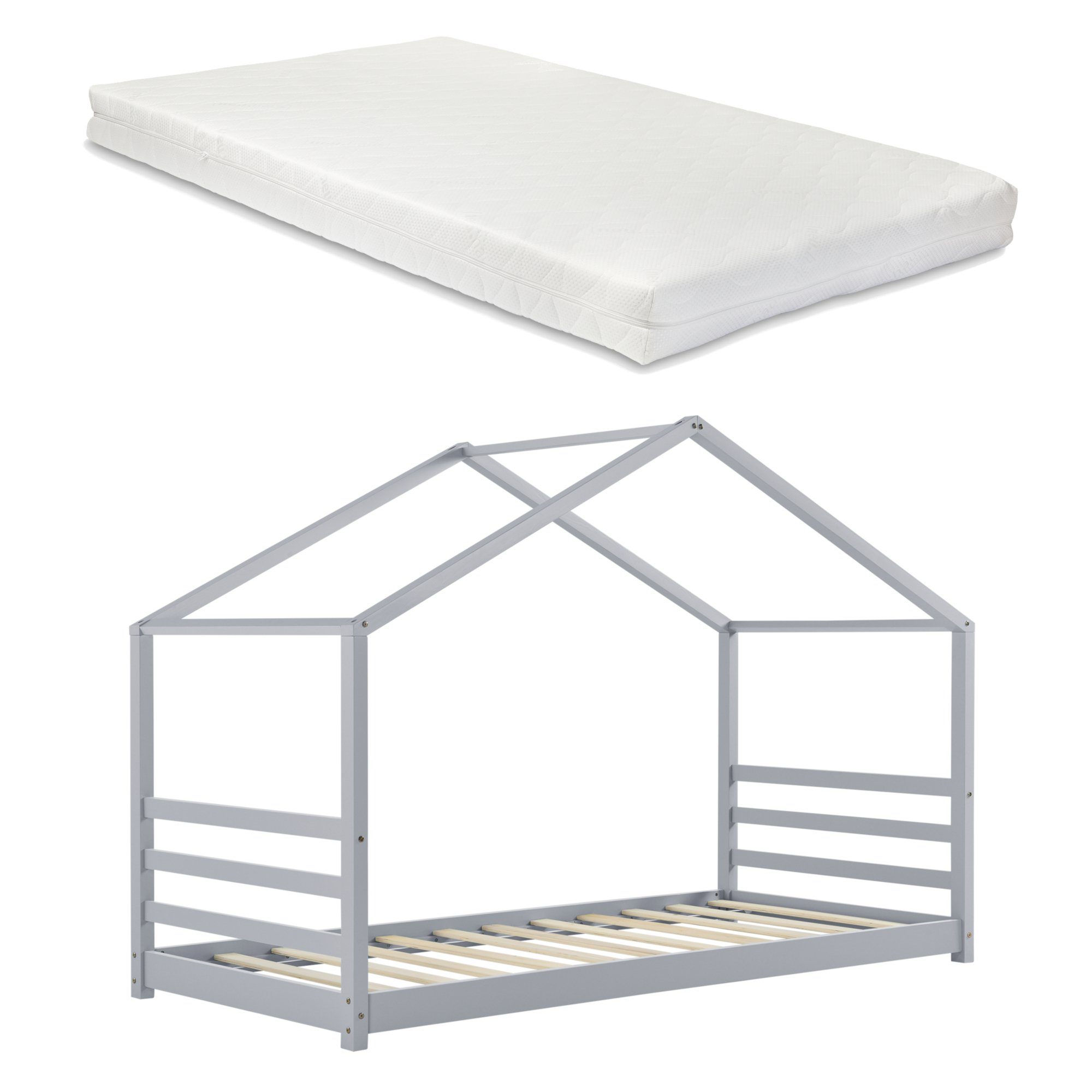 en.casa Kinderbett, Vardø Hausbett mit Matratze 90x200cm Grau. € 302,99