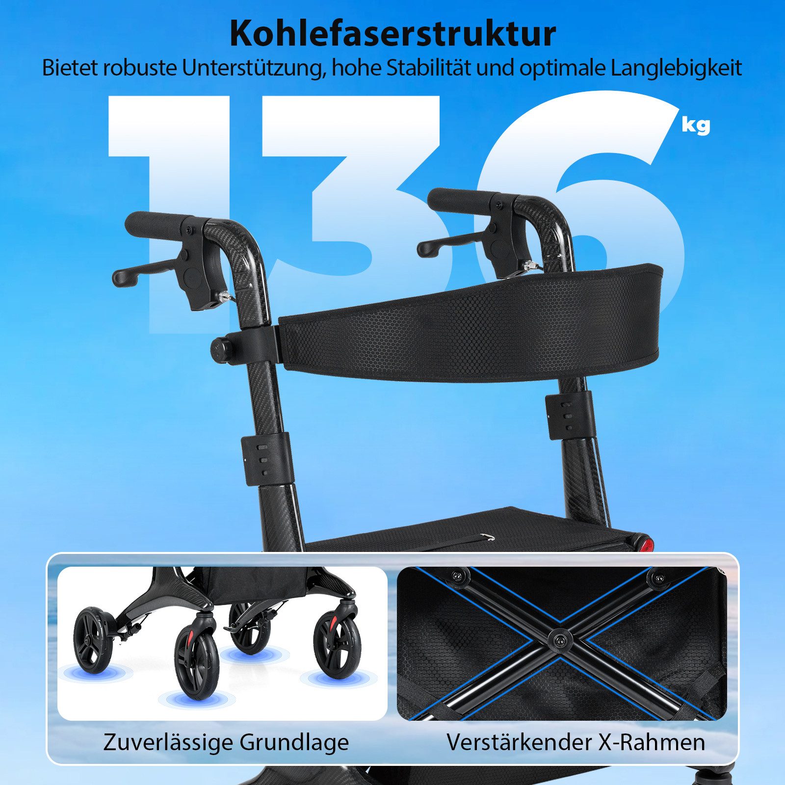 COSTWAY Rollator, Faltbar und leicht mit Sitz, Carbonfaser, bis 136 kg