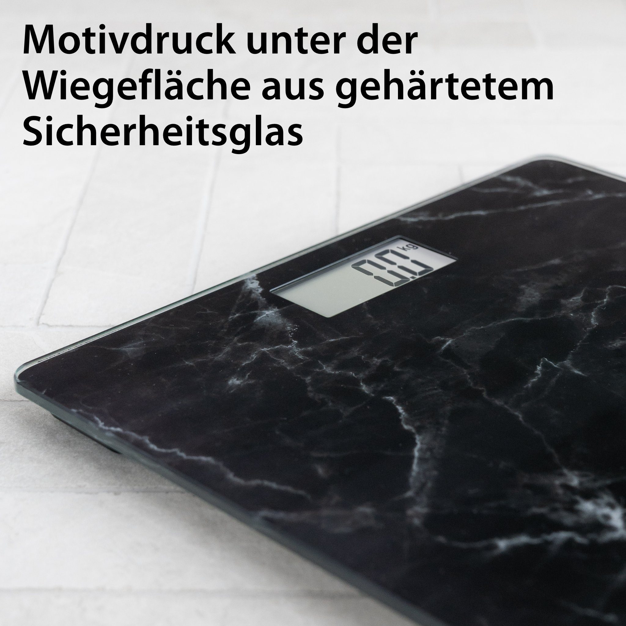 ADE Personenwaage Digitale Körperwaage mit großem Display, Wiegefläche aus Sicherheitsglas, auffällige Marmoroptik, bis 180kg – Bild 5 von 5