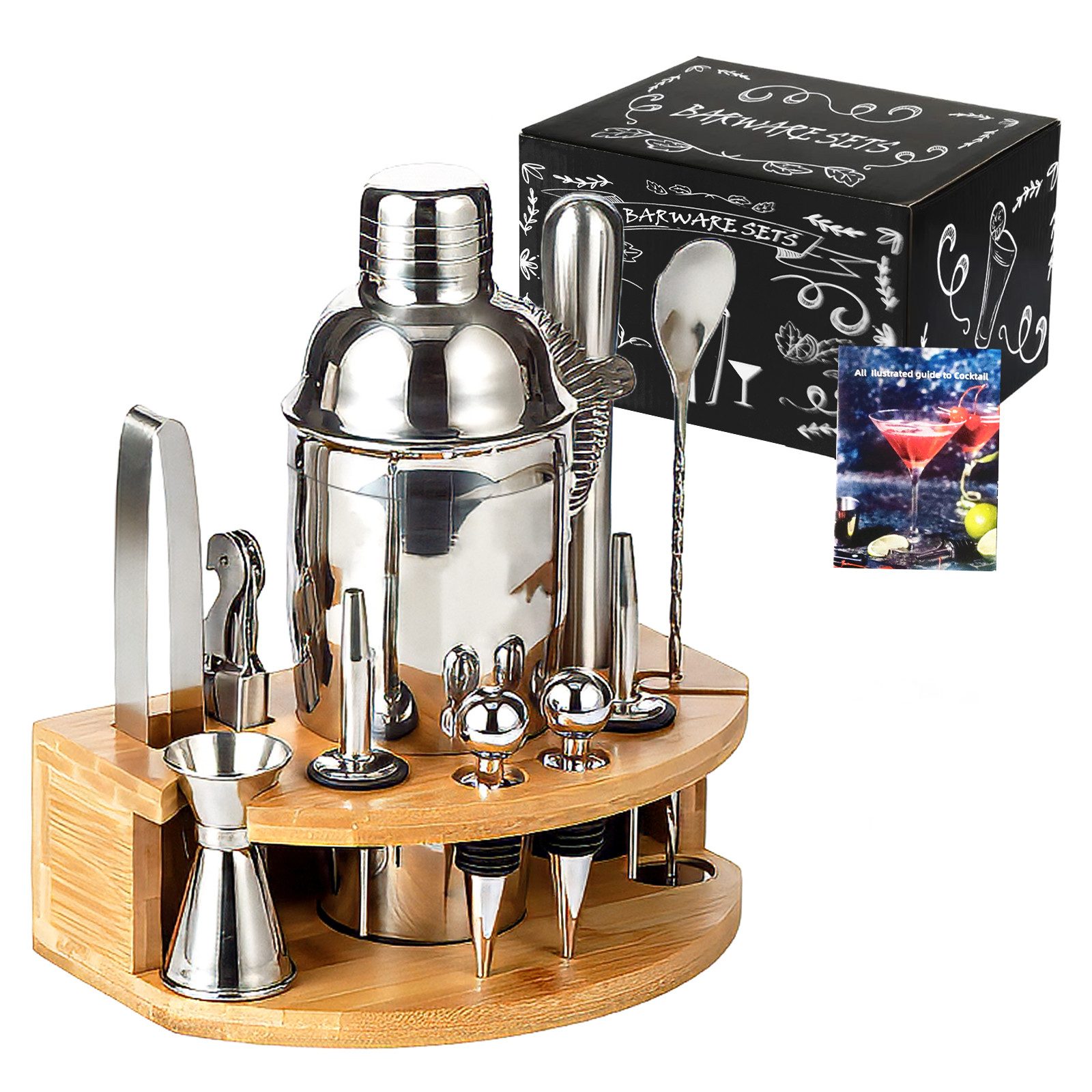 GLIESE Cocktail-Set Edelstahl Cocktail Shaker Set 12-teiliges mit Bar Zubehör, (12-tlg., Cocktail Shaker Setz), 750ml, mit Bambus-Ständer