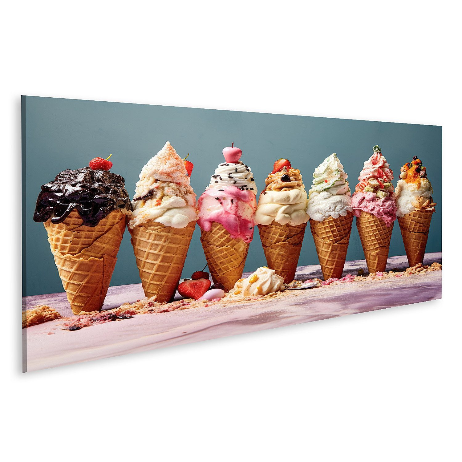 Leinwandbild Bunte Eistüten kreative Toppings Eiscafe Eissalon Eisdiele Bilder