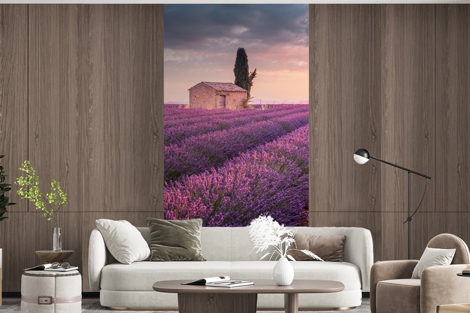 MuchoWow Fototapete Lavendel Feld, bedruckt, St), - für Küche, Vliestapete - Schlafzimmer Blumen Matt, Wohnzimmer Fototapete - Lila (2