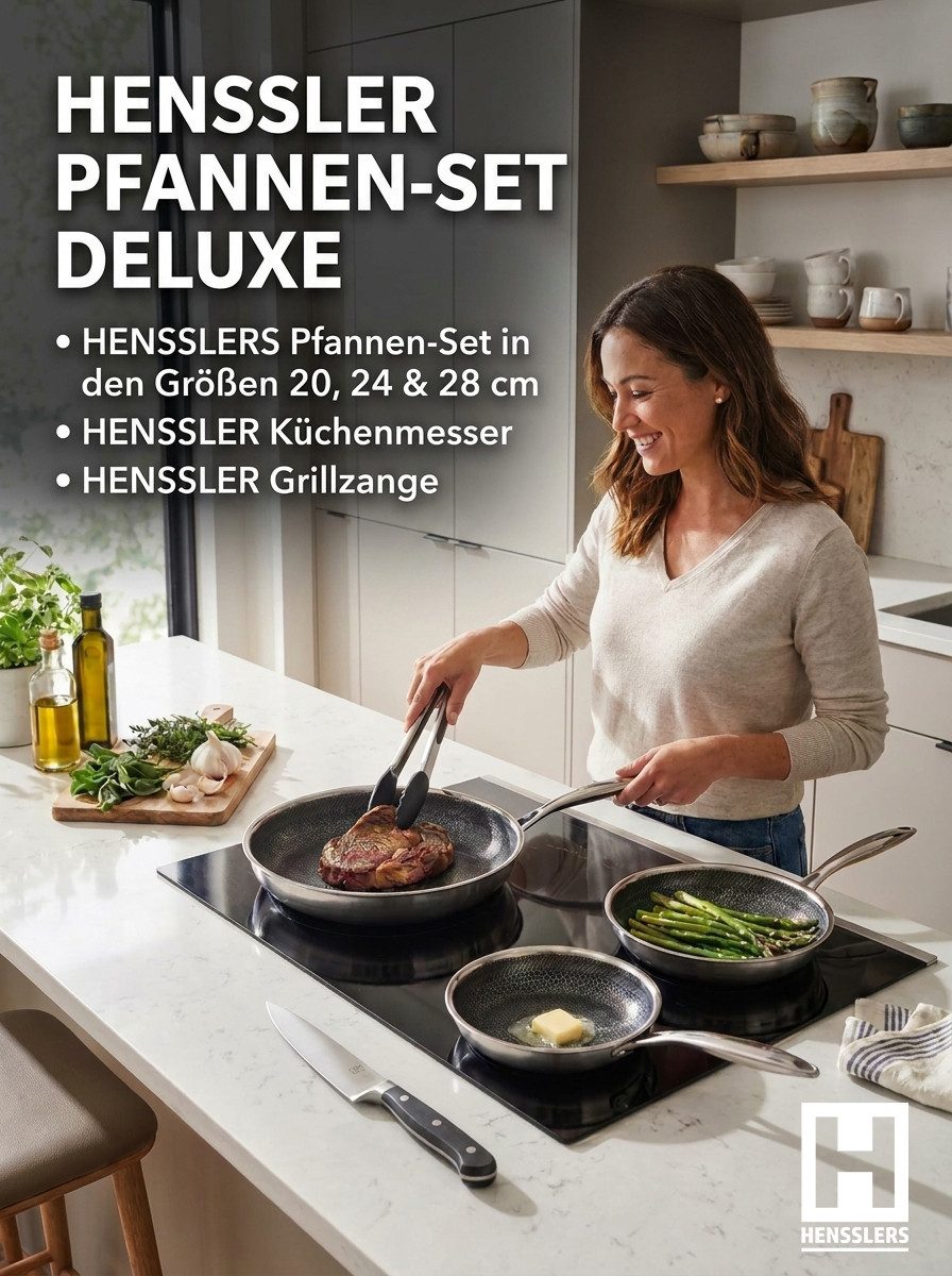 HENSSLERS Pfannen-Set Premium (20, 24 & 28 cm) Deluxe, 5tlg. Inkl. Grillzange & Küchenmesser, Edelstahl (Set, 5-tlg)