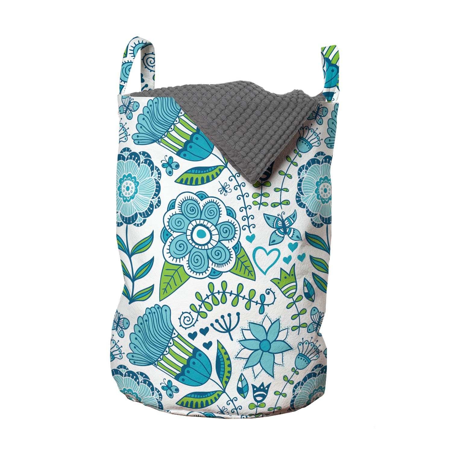 Abakuhaus Wäschesäckchen Wäschekorb mit Griffen Kordelzugverschluss für Waschsalons, Blau und Grün Flora Natur Blume
