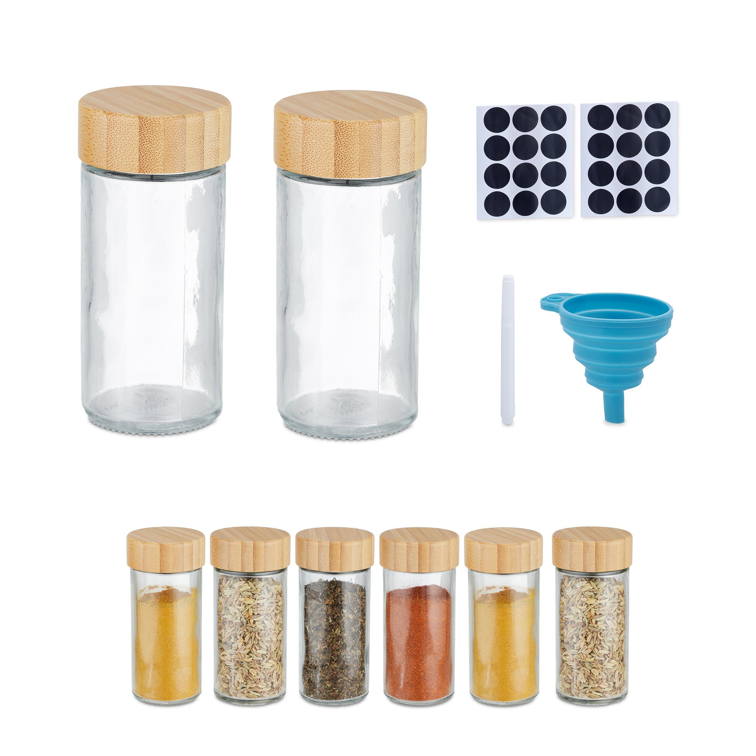 relaxdays Gewürzstreuer Rundes Gewürzgläser-Set mit Bambusdeckel, 8er Pack