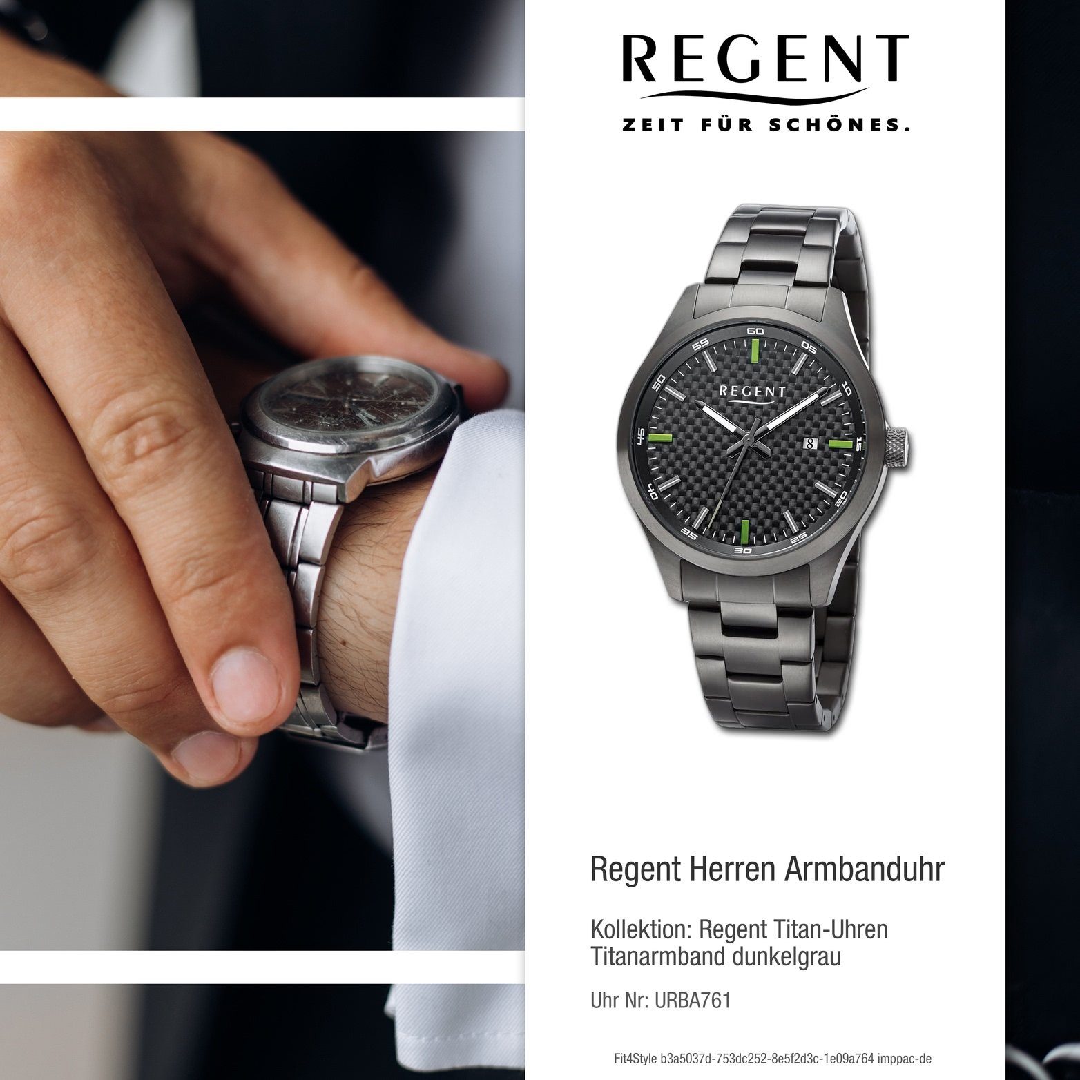 Regent Quarzuhr Regent Herren Armbanduhr Herrenuhr Titanarmband Analog, dunkelgrau, (ca. 42mm) rundes groß Gehäuse