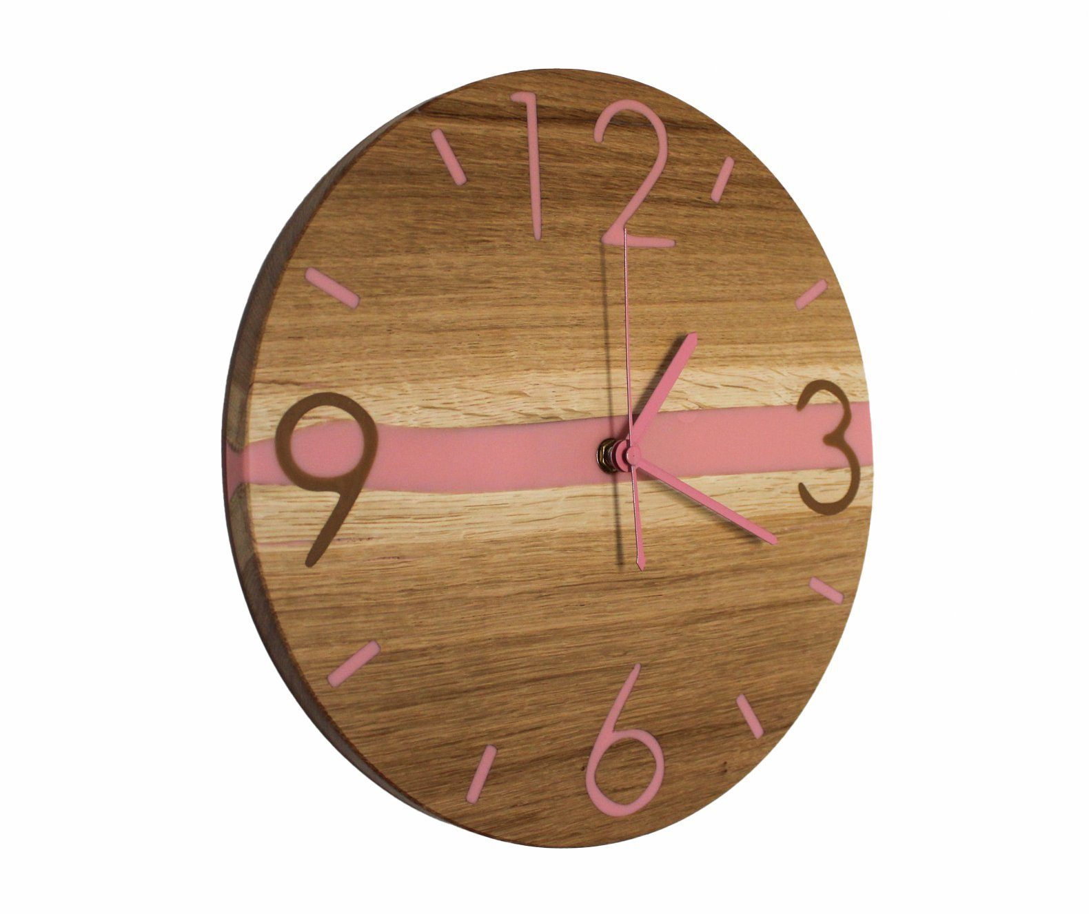 Epoxy handgefertigtes LPManufaktur Epoxidharz aus massiv Wanduhr (modernes rosa Eiche Design Uhr Deutschland) Holz pink