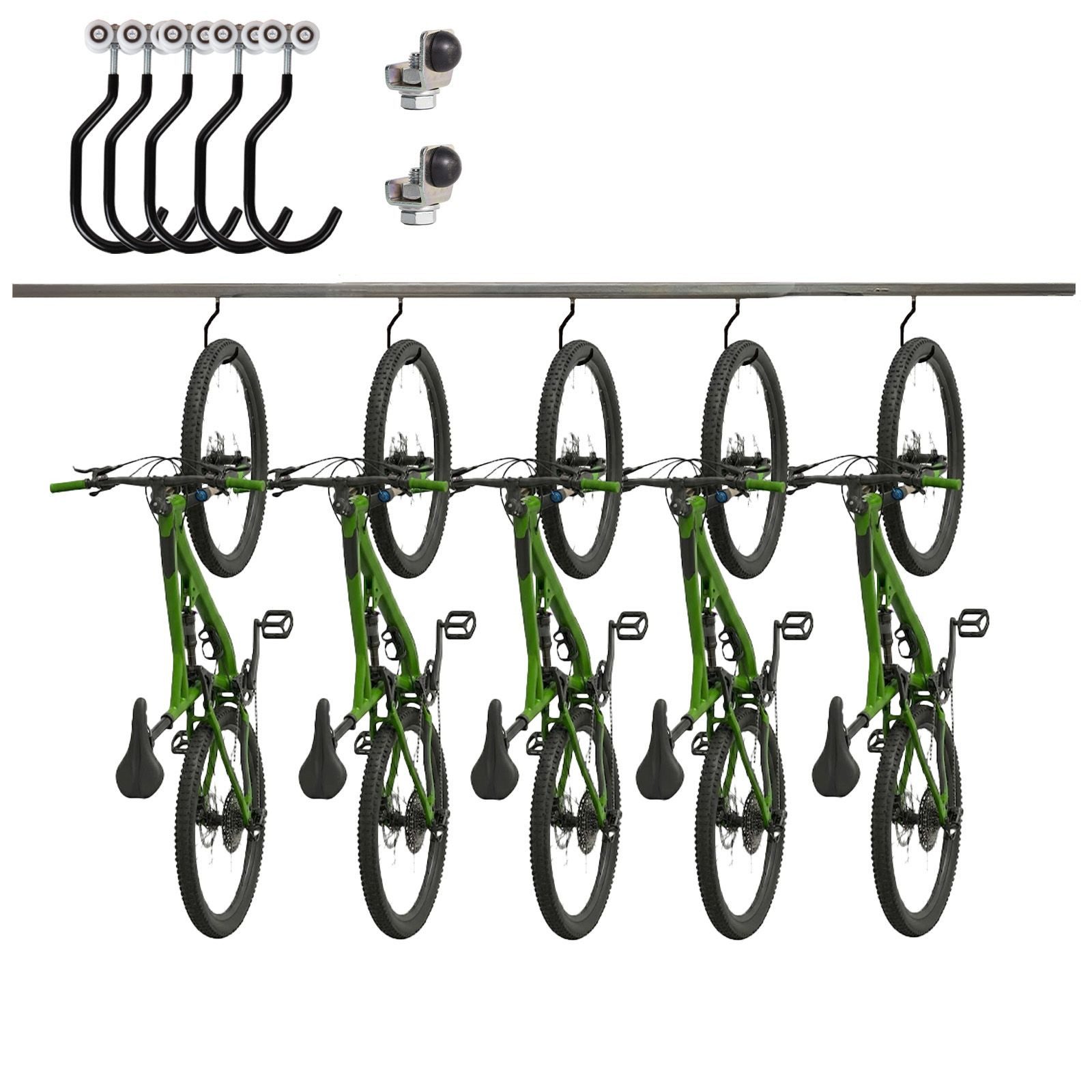 ATTAS Fahrradhalter Aufhängung Schiene, 5 Laufwagen mit Fahrradhaken, Verzinkter Stahl (Set, 1-2M Länge), Fahrradaufhängung