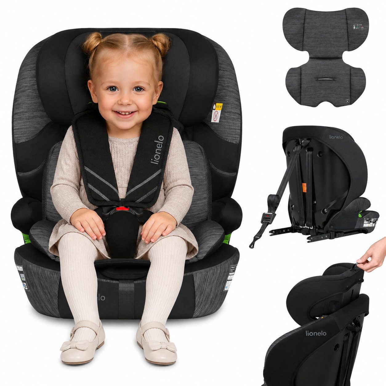 lionelo Autokindersitz LEVI FIX I-SIZE, ab: ab 15 Montaen, bis: Bis ca. 12 Jahre (150 cm), ab: 76 cm, bis: 150 cm, (Set), Dri-Seat/ISOFIX/TopTether/Reduziereinsatz/Komfort