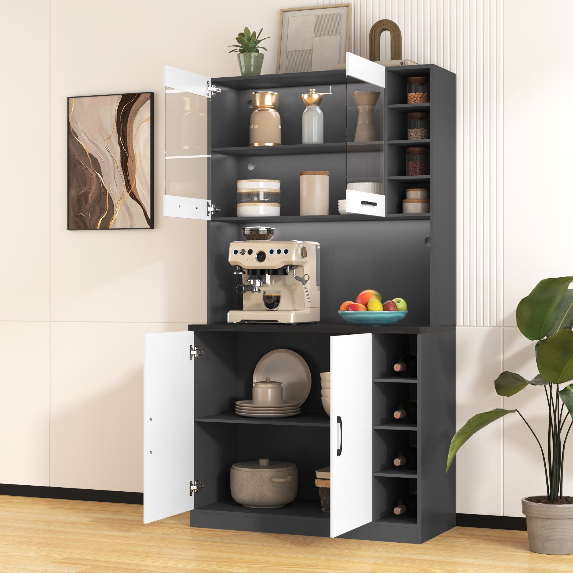 Flieks Küchenbuffet Hochschrank mit LED-Beleuchtung und Glastüren (100x47x187 cm, 1-St., höhenverstellbare seitliche Ablagefächer) Küchenschrank mit Arbeitsplat – Bild 2 von 5