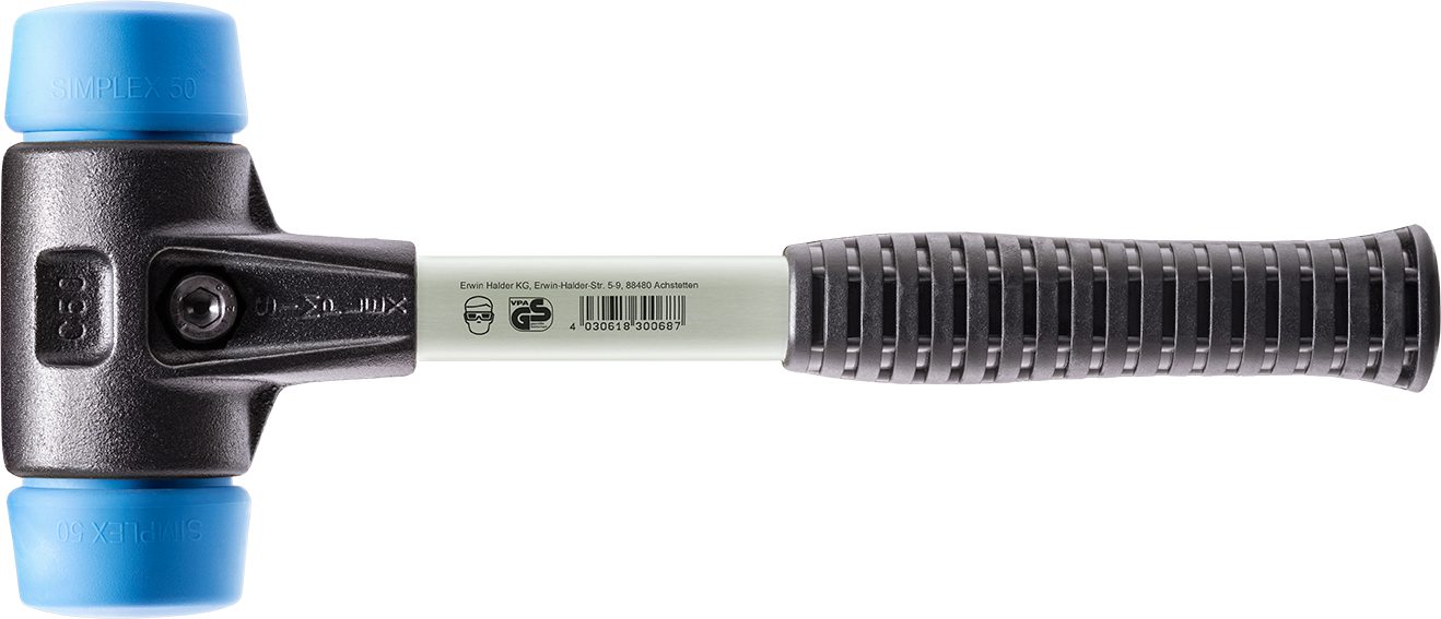 Halder KG Hammer SIMPLEX-Schonhämmer, mit verstärktem Stahlgussgehäuse und Fiberglasstiel Ø=50 mm 3701.050